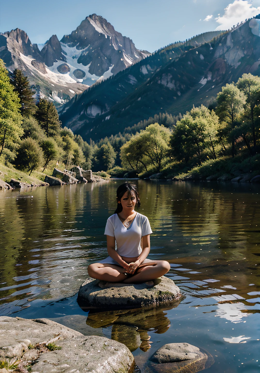In the mountains with calm water, A person sitting on a rock and meditating, Healing, Heles, Regulation of emotions, break