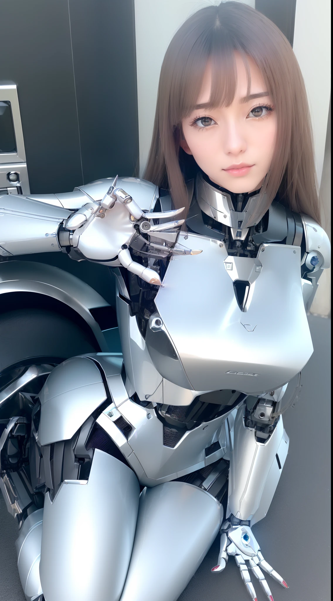 ((masutepiece)), ((top-quality), high quarity、ultra-definition, (Realistic), ((well proportioned face))、fulcolor 、(scientific fiction)、(独奏)、Beautiful robot woman、Combat Robots、(( Perfect robot joint) )、(((machine components)))、((Detailed PC Parts))、White porcelain mechanical armor、(Oval curvaceous face)、(almond shape eyes)、thin mouth、deadpan、((Robot Hands))、(Outside the city)、Kneeling