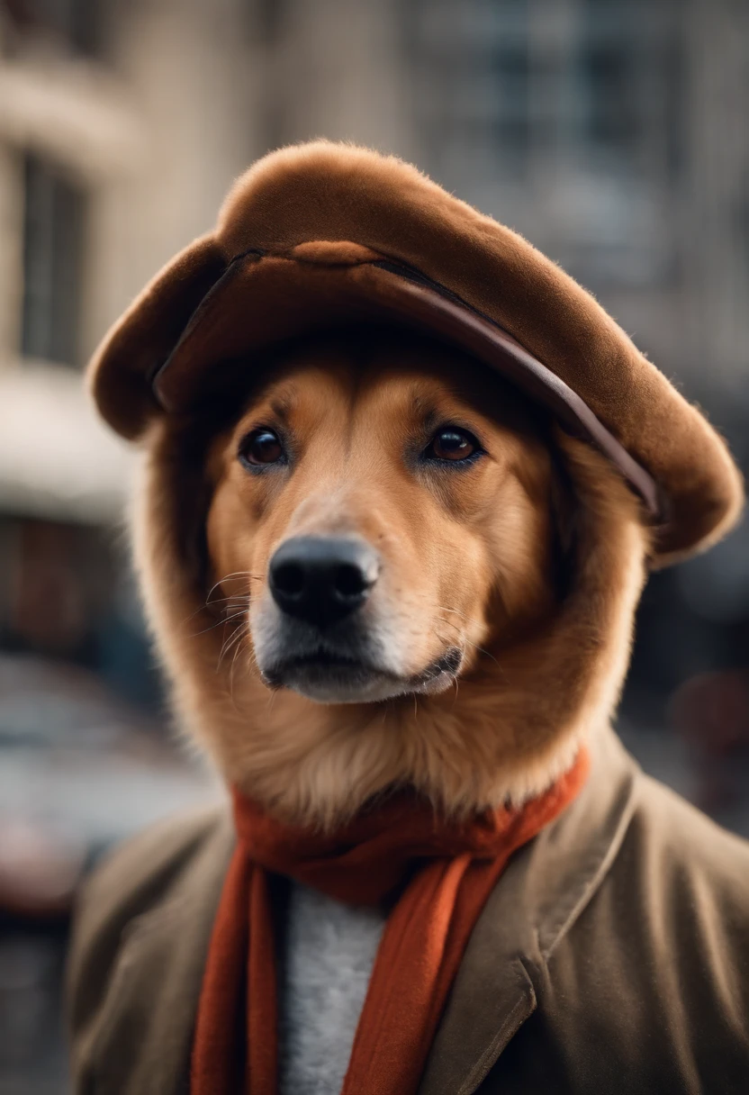 Photo of a loin in a hat and scarf,trends in the art station,Wear fashionable clothes,hyper realistic detailed rendering,Urban style,intimidating pose,Dog Planet,Fashionable outfit,urbansamurai,Doggy,Wearing a Workers' Cap,Stylish cityscap