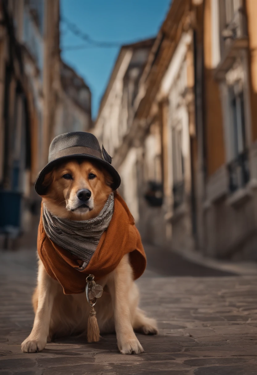 Photo of a loin in a hat and scarf,trends in the art station,Wear fashionable clothes,hyper realistic detailed rendering,Urban style,intimidating pose,Dog Planet,Fashionable outfit,urbansamurai,Doggy,Wearing a Workers' Cap,Stylish cityscap