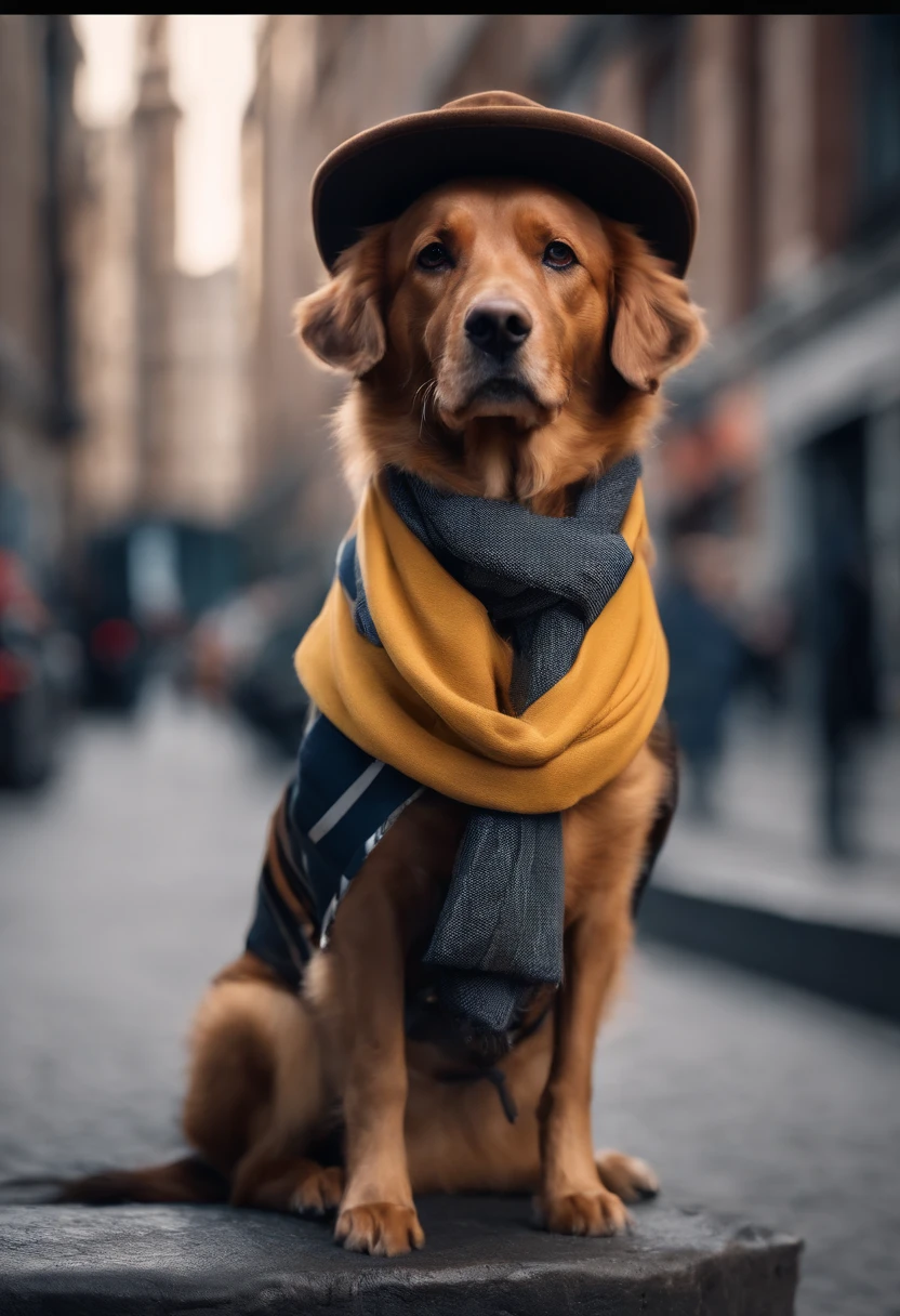 Photo of a loin in a hat and scarf，trends in the art station，Wear fashionable clothes，hyper realistic detailed rendering，Urban style，intimidating pose，Dog Planet，Fashionable outfit，urbansamurai，Doggy，Wearing a Workers' Cap，Stylish cityscap