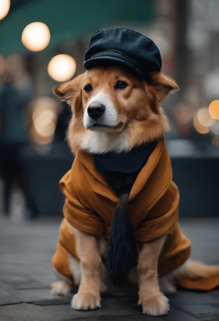 Photo of a loin in a hat and scarf,trends in the art station,Wear fashionable clothes,hyper realistic detailed rendering,Urban style,intimidating pose,Dog Planet,Fashionable outfit,urbansamurai,Doggy,Wearing a Workers' Cap,Stylish cityscap