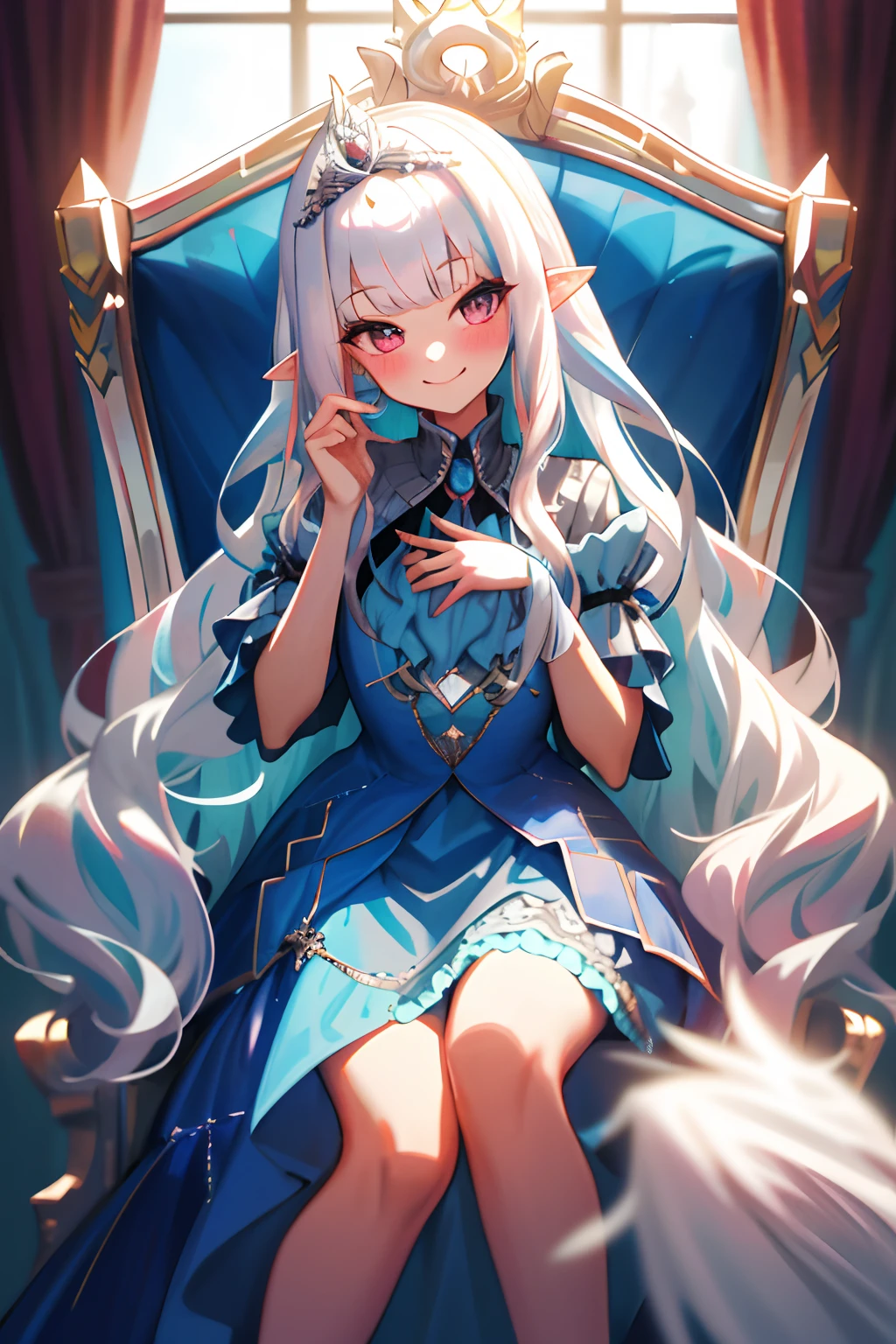 One girl with long wavy hair, white hair, looking at viewer, sitting on queen chair, sitting on her throne, smile, blushing, indoor, princess dress, tiara, pointy ears, perfect waist, castle, standing, hair ornament, eyeliner, thigh, hair ribbon