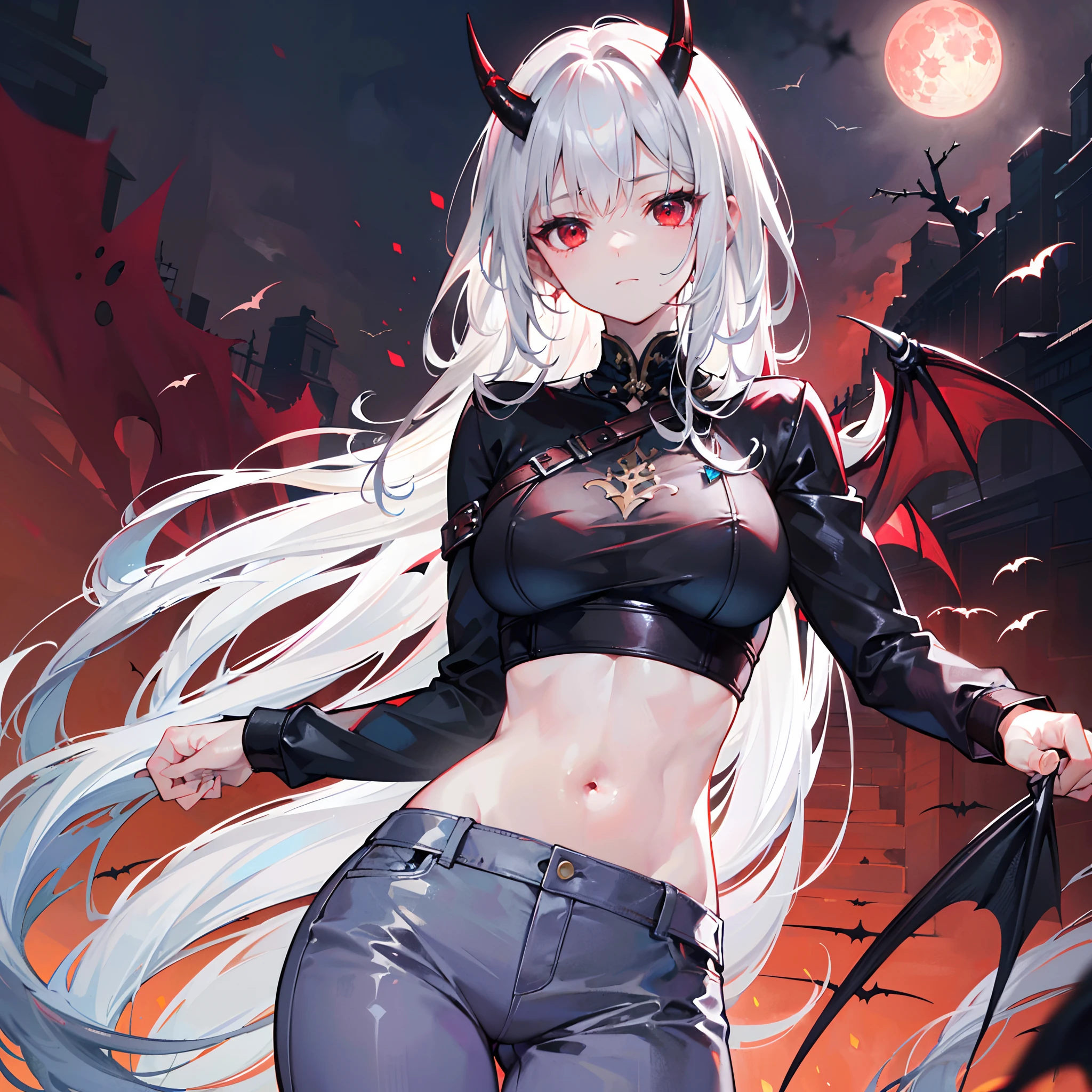 hyper HD, retinas, Anatomically correct, Textured skin, Super detail, Best quality, A high resolution(细腻细致), (Intricate details), (Cinematic light, 最优质的背光), 清晰的线条,(Facial focus) ,Very detailed CG unity 8K wallpaper,hugefilesize,ultra - detailed,A high resolution,absurderes,beautidful eyes,Ray traching,dramatic shadow,finely detailled,Dramatic angles,Hyper-detailing,(1 girl:1.3),(Solo),s girl,Vampires,white color hair,(Red eyes:1.3),(Thorn Demon Horn:1.3)+(Black shirt,Gray trousers：1.3)+(The costume has red decoration)+(//Knight hand armor:1.3//),groin,(atheletic body:1.2),(Nightmare night:1.3)+(red full moon:1.3)+(Stand on the canyon,Bats fly in the air)+[(Inception:1.2)]