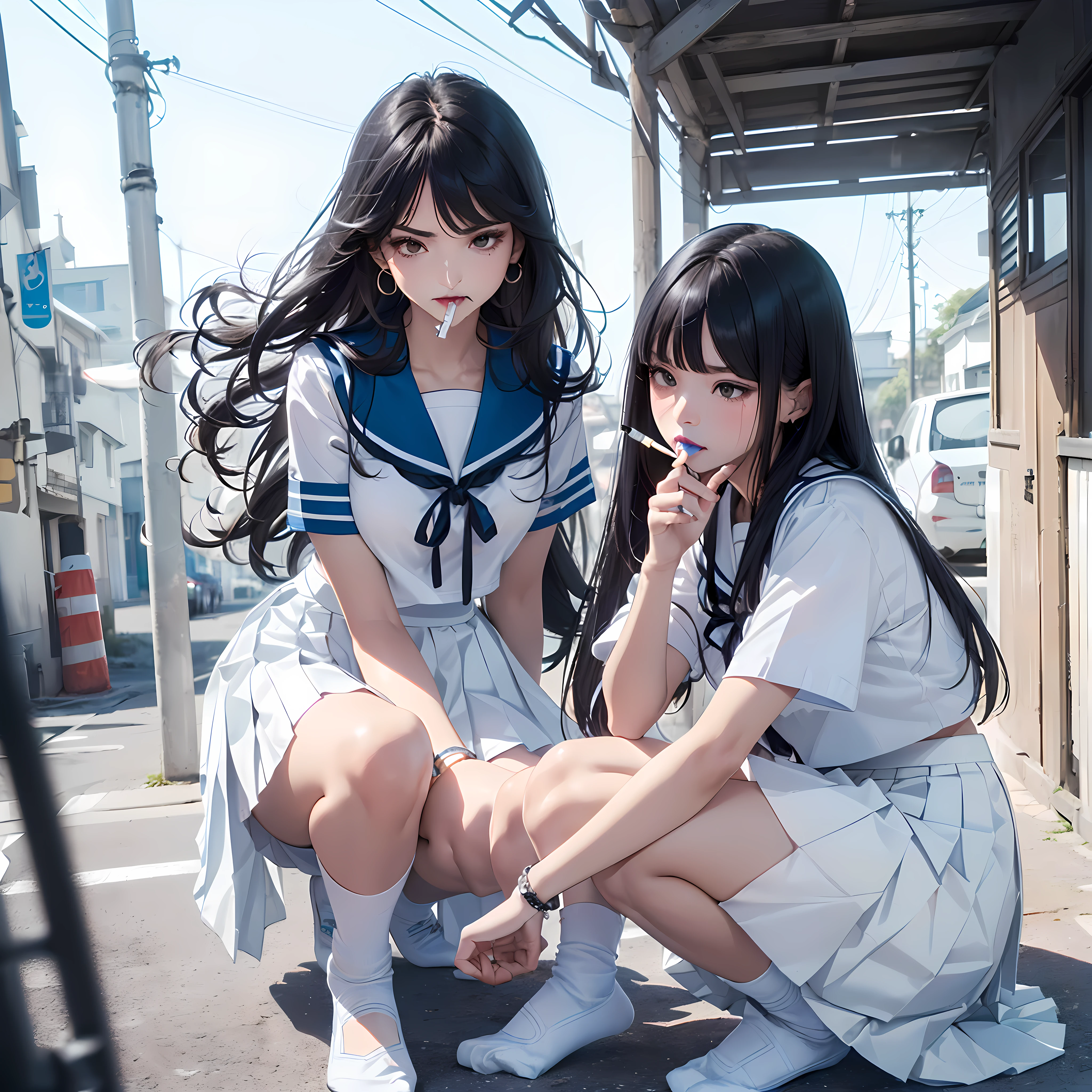 (master piece:1.4),Hypal Quality, Hyper Detailed,Perfect drawing,。.。.3D,16K illustrations、(((clearface)))、Hi-Res、1 persons、femele、(((Knees wide open)))、(((Crouching)))、(((Cigarettes in the mouth)))、Asian、(((Long Black Hair)))、bangss、(((Whitening skin)))、(((Pure white lipstick)))、((eyeshadows:1.3))、Raised corners of the eyes、(((Outrage:1.2)))、((Pull the chin))、(((squinted)))、((Kamimei:1.3)),((glares:1.4))、((half-opened mouth))、((Wrinkles between the eyebrows))、(numerous piercings in the ears)、(((Breakdown)))、(((White sailor suit)))、(White theme:1.3), (Fusion of white sundress and white uniform:1.4), ((White pleated skirt, long skirt of white color,,,,,):1.5), (White shirt with blue sailor collar:1.4), (Short sleeve: 1.2), (Light blue ribbon:1.3), (White skirt with blue line:1.2), ((White Buggy Socks:1.3, lowfers):1.2),(((White pleated skirt,Maxi skirt:1.3)))、A lot of thin rings on the wrist、80shair、Slums、Detailed drawing、Perfect Photo、Shot diagonally from above