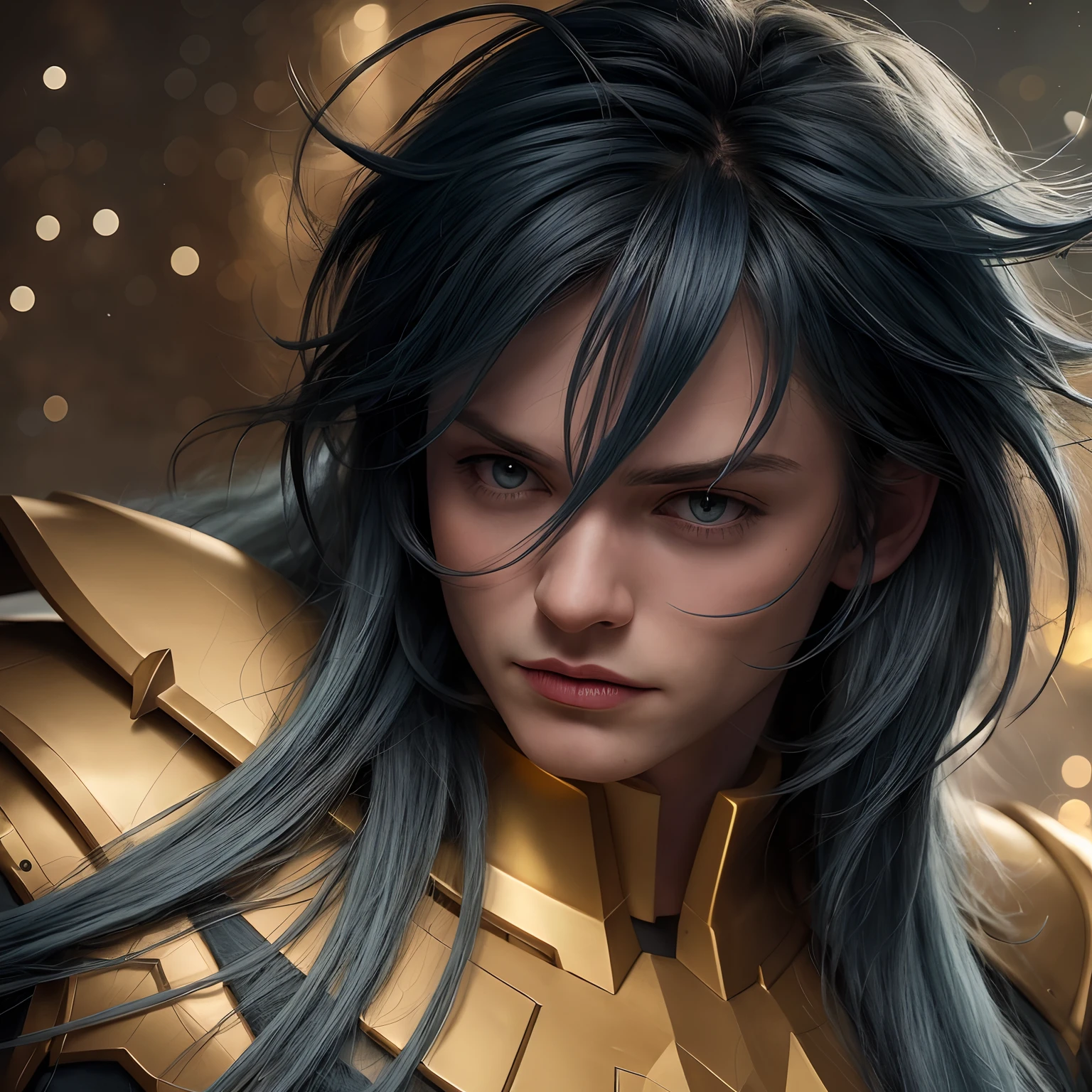 cinemactic, incrivelmente detalhado e ultrarrealista, Camus of Aquarrius Saint Seiya. Close up. He's wearing pretty realistic golden armor. Armadura dourada brilhante. ((Bright golden armor)). Armadura com brilho natural. Octane is the perfect tool to capture the softest details of this 16k photography masterpiece. He is a handsome white man about ((35 years)) old. 1 homen. ((French man)). beautiful face. Rosto detalhado. Nariz bonito. Nariz fino e alongado. (Olhos azuis muito grandes). Cold expression. olhos perfeitos. Cold expression. ((depilado)). Strong expression. He has long ((light petrol blue)) hair. messy hair with bangs. messy hair. Pelas de rosas flutuando em torno ele. Landscape starry sky.