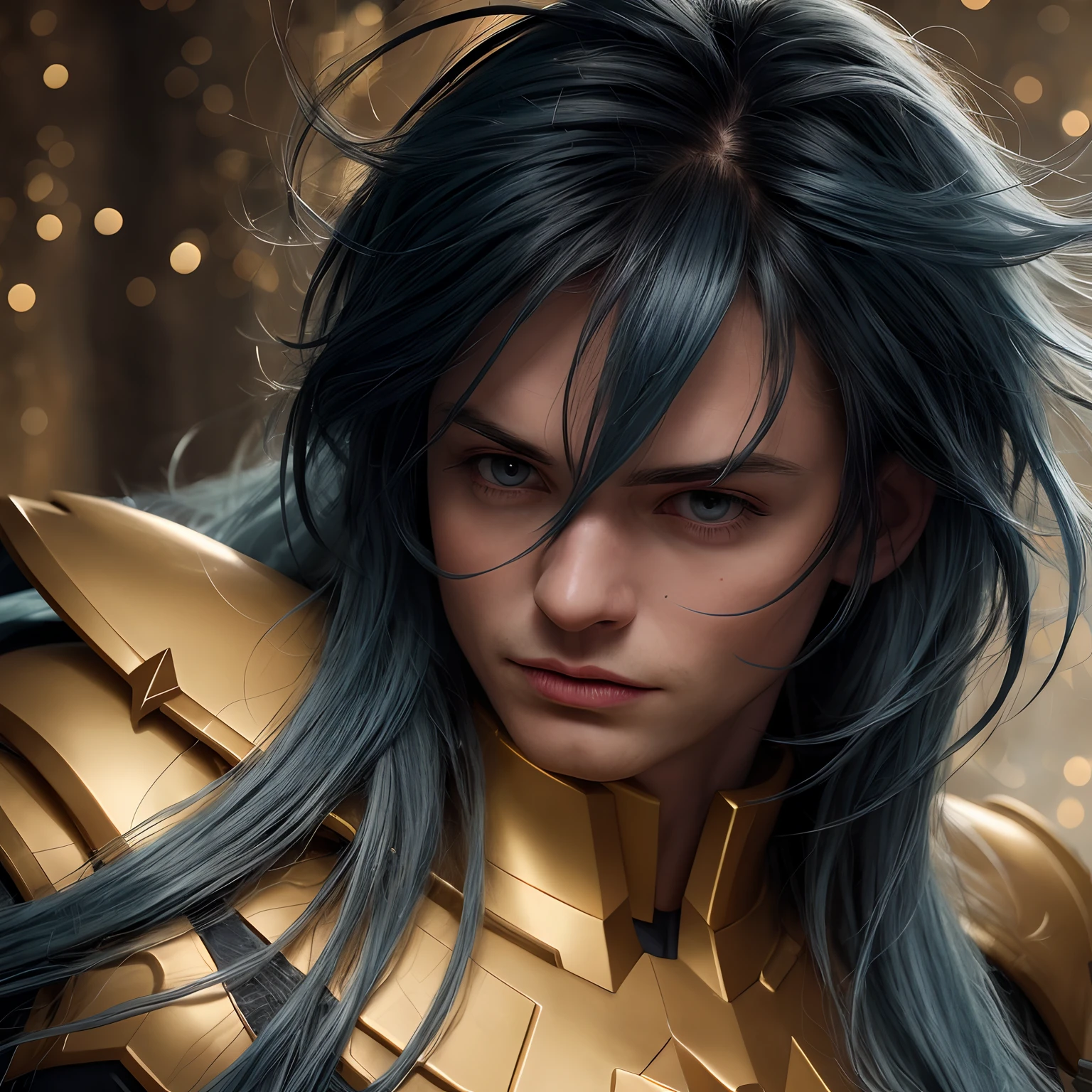 cinemactic, incrivelmente detalhado e ultrarrealista, Camus of Aquarrius Saint Seiya. Close up. He's wearing pretty realistic golden armor. Armadura dourada brilhante. ((Bright golden armor)). Armadura com brilho natural. Octane is the perfect tool to capture the softest details of this 16k photography masterpiece. He is a handsome white man about ((35 years)) old. 1 homen. ((French man)). beautiful face. Rosto detalhado. Nariz bonito. Nariz fino e alongado. (Olhos azuis muito grandes). Cold expression. olhos perfeitos. Cold expression. ((depilado)). Strong expression. He has long ((light petrol blue)) hair. messy hair with bangs. messy hair. Pelas de rosas flutuando em torno ele. Landscape starry sky.