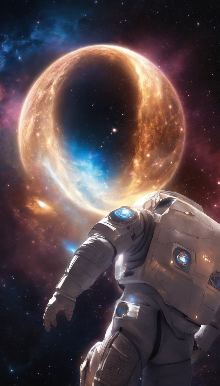 Japanese light novel cover illustration style,Anime girl wearing a big shining nebula in a cosmic suit,The astronaut,The Big Bang,heavenly body,Star-Trek,Step on the camera with your foot,Body painting of a full body mystery symbol,black hole,starry sky,nebula,spaceship,Projecting virtual reality light and shadow city in front of the characters,,Nebula grating,rainbow aurora,The ultimate art of color mixing,The entire body consists of fluid nebulae,Scintillation gas Big Bang nebula epidermis,Light vector photography,Light field photography,Light chasing,Light tracing,Solidified light vector rune art,