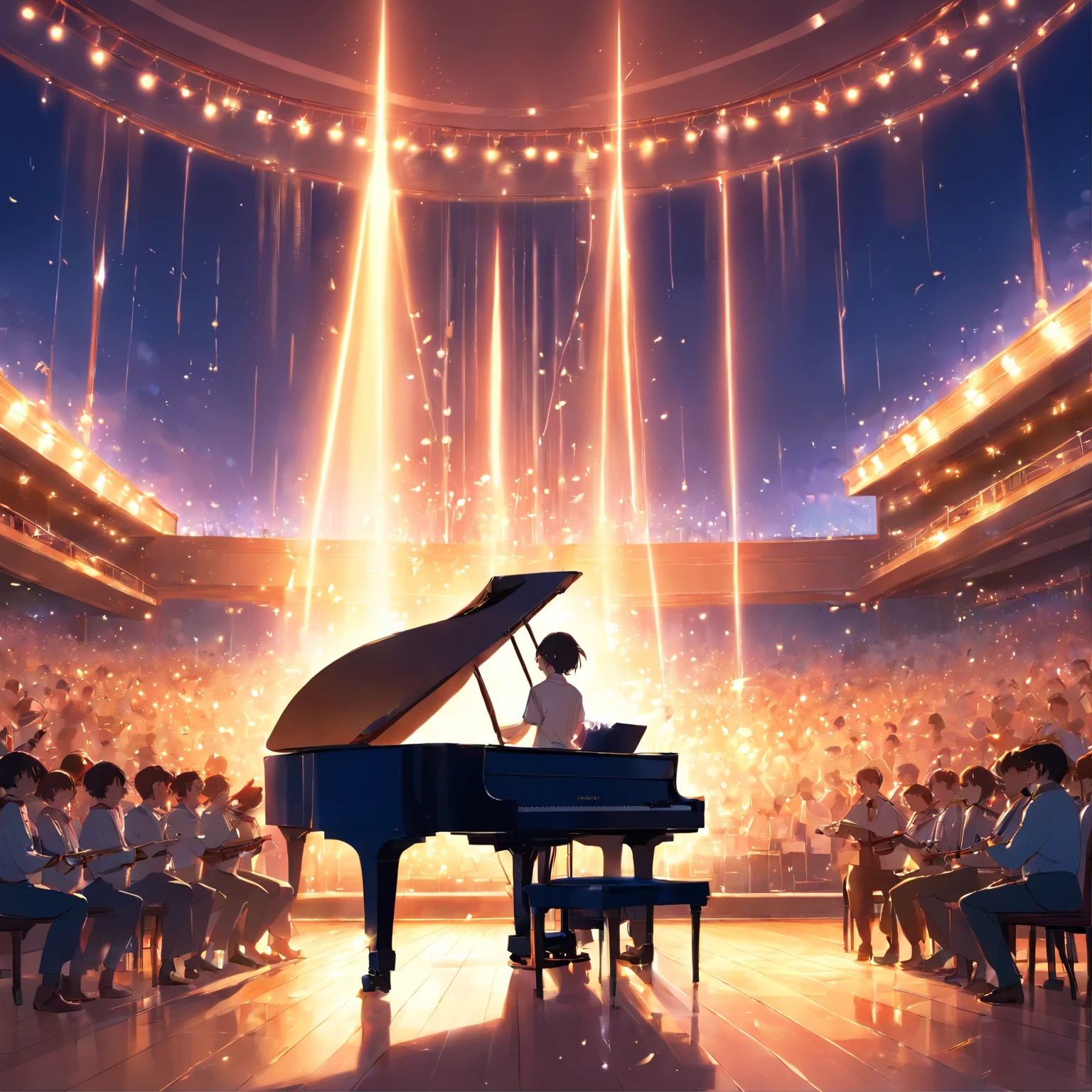 "masterpiece, Better Quality, still film, Musicians on stage for one night, foreground, chor, piano, conductor, glad, soft warm lighting, Sundown, sparks: