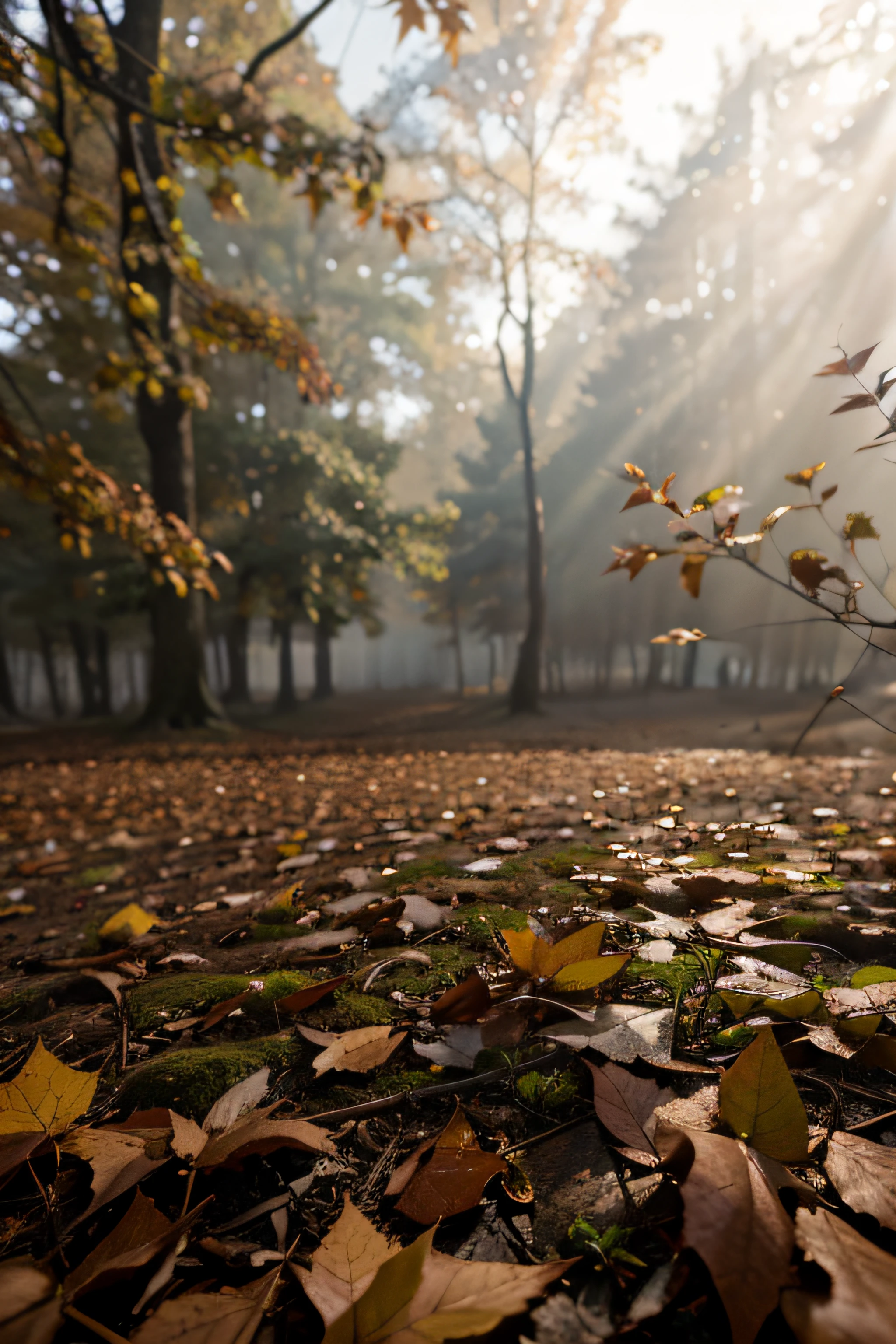 "(best quality, photorealistic: 1.2), detailed photo of scattered leaves, autumnal image, fog, dry leaves, nature, depth of field, cinematic effect, warm light, ."