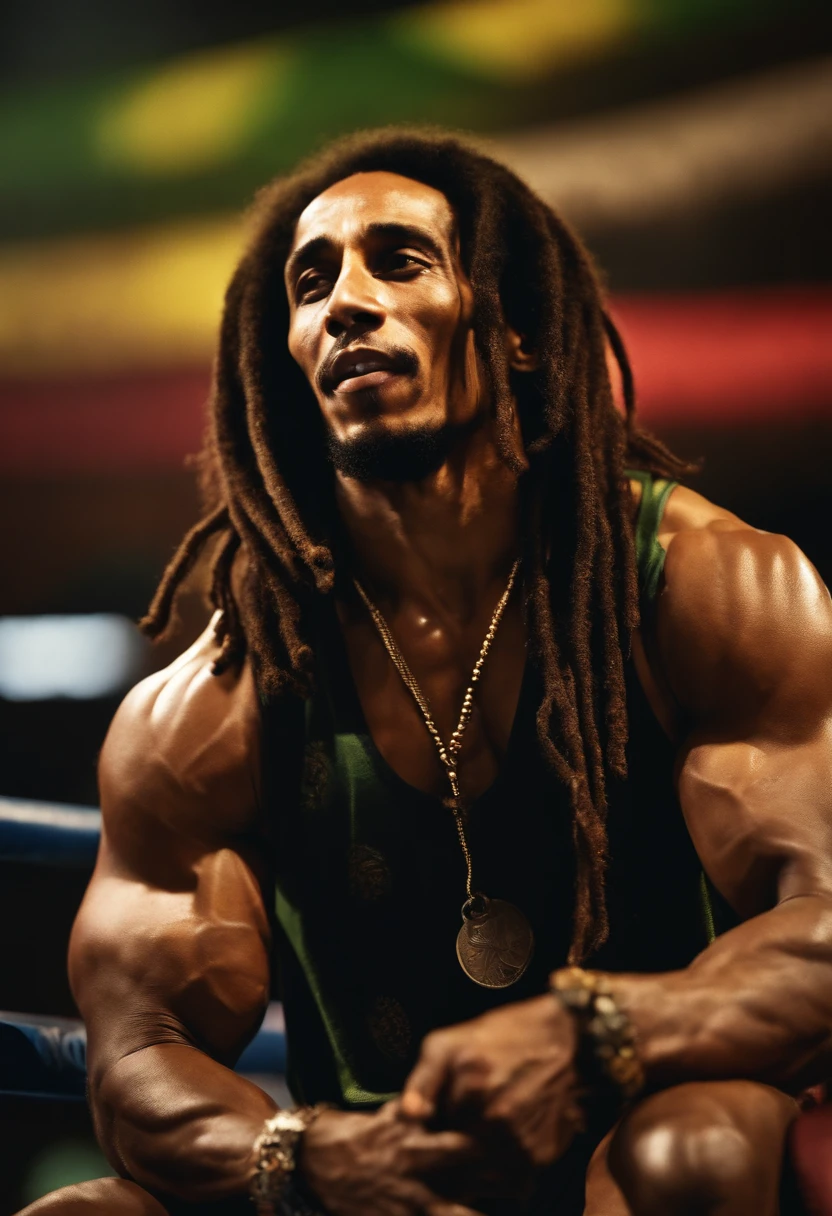 Bob Marley as a massive, ripped, modern day bodybuilder