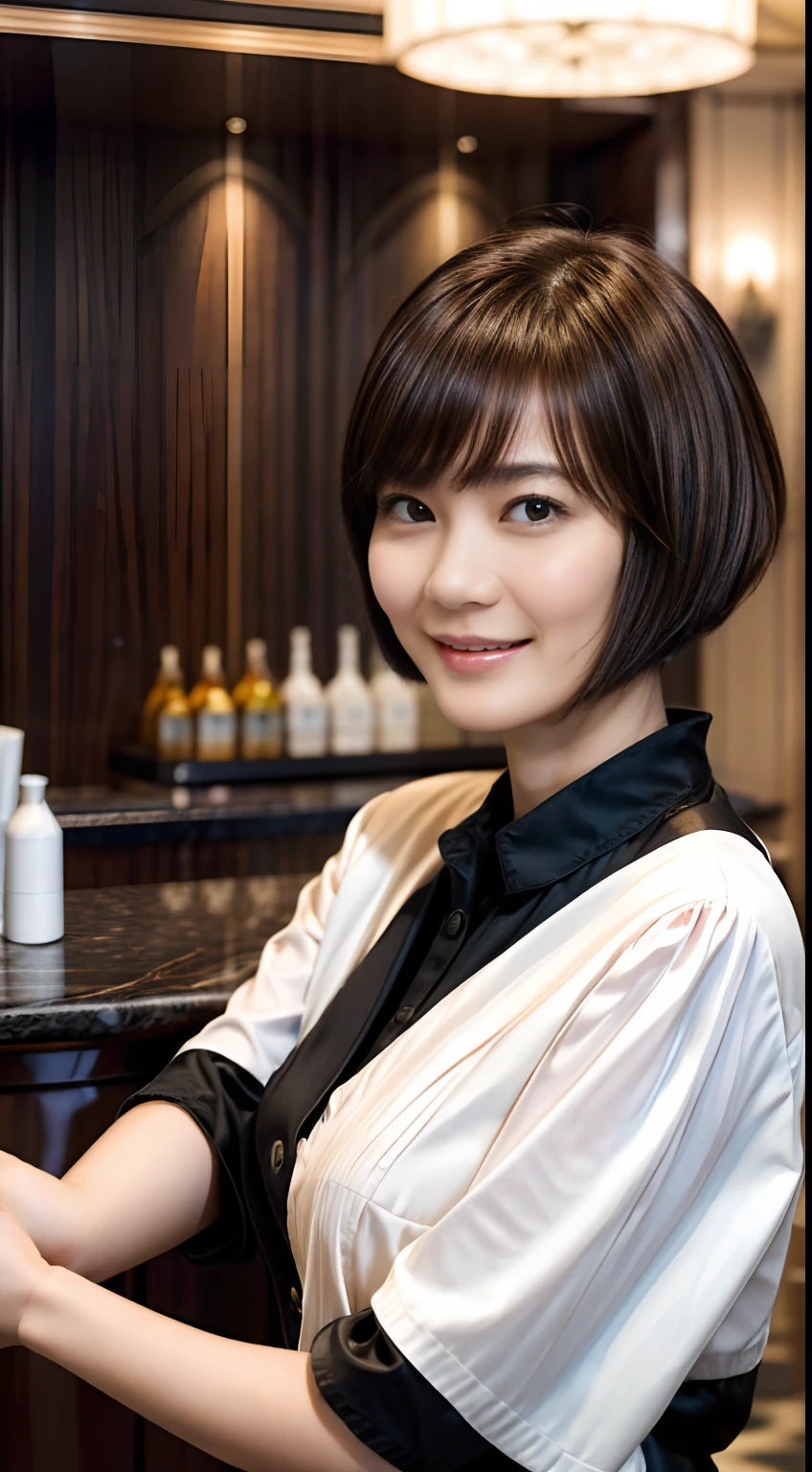 50
(19-year-old woman), (A hyper-realistic), (Masterpiece), Short Bob Cut, Concierge at the hotel reception, kindly smile