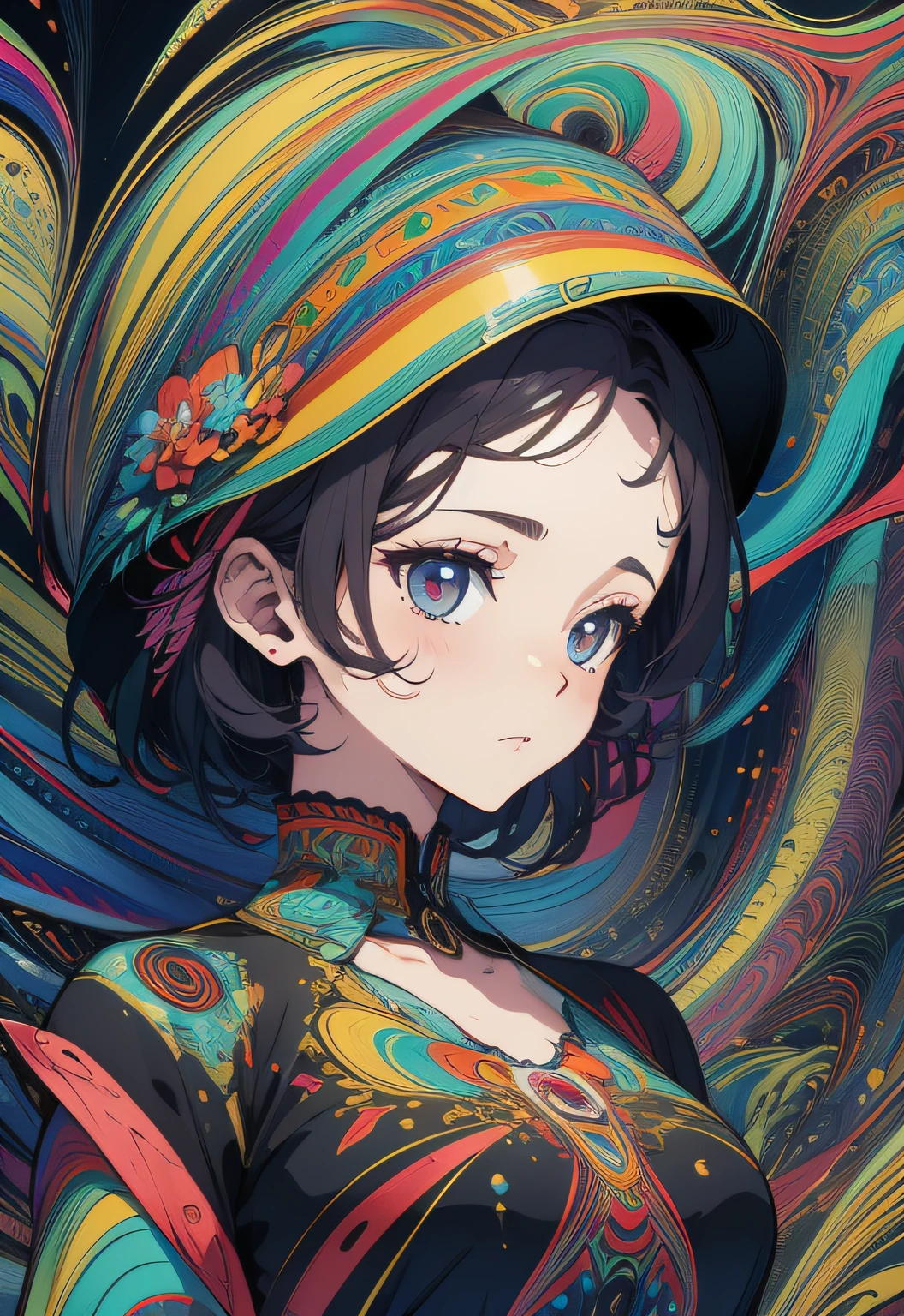 (Psychedelic Art:1.5), (From below:1.2), complex dress, Hair fluttering in the long wind Upper body, Kamimei Little devil wind