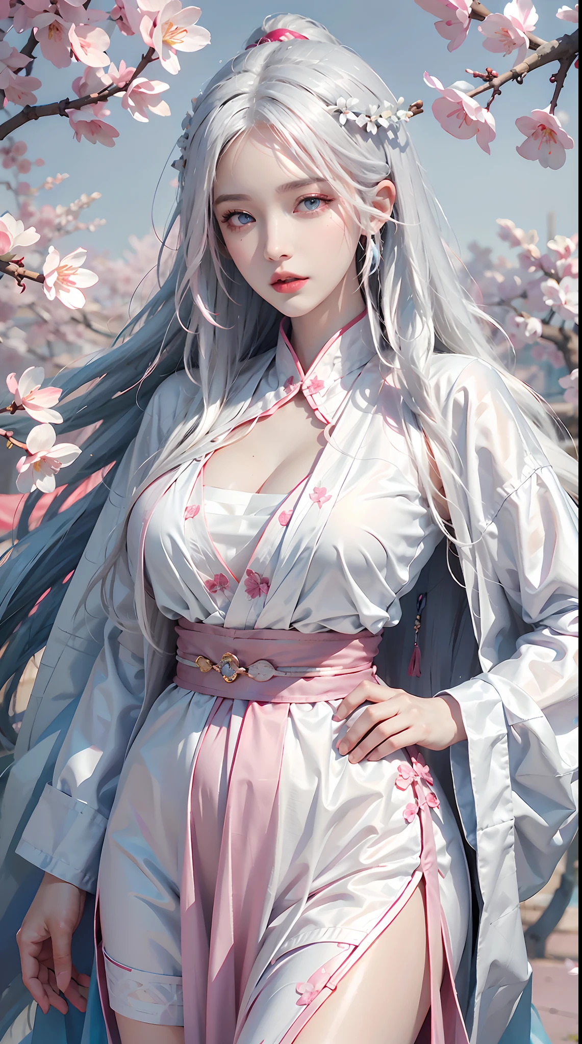 photorealistic, high resolution, 1women, shining skin, solo, tattoo, jewelry, pink lip, long hair, white hair, blue eye, closed mouth, hips up, hanfu, cherry blossoms