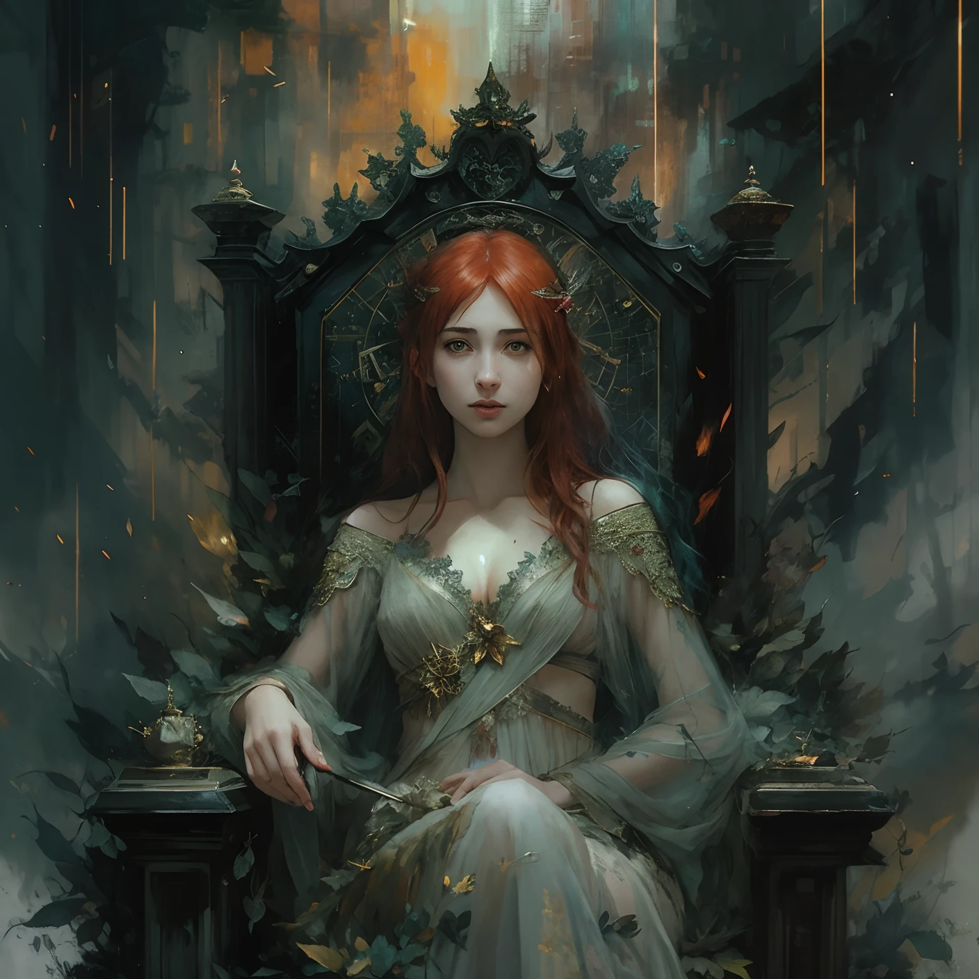 Emily Rudd is a vampire queen, redhead, sitting in a throne, pale skin, messy hair, Full body, Beautiful anime waifu style girl,hyperdetailed painting, luminism, art by Carne Griffiths and Wadim Kashin concept art, dark background, abstract beauty, approaching perfection, pure form, golden ratio, minimalistic, dark atmosphere, unfinished, concept art, by Brian Froud and Carne Griffiths and Wadim Kashin and John William Waterhouse, intricate details, 8k post production, high resolution, hyperdetailed, trending on artstation, sharp focus, studio photo, intricate details, highly detailed, by greg rutkowski