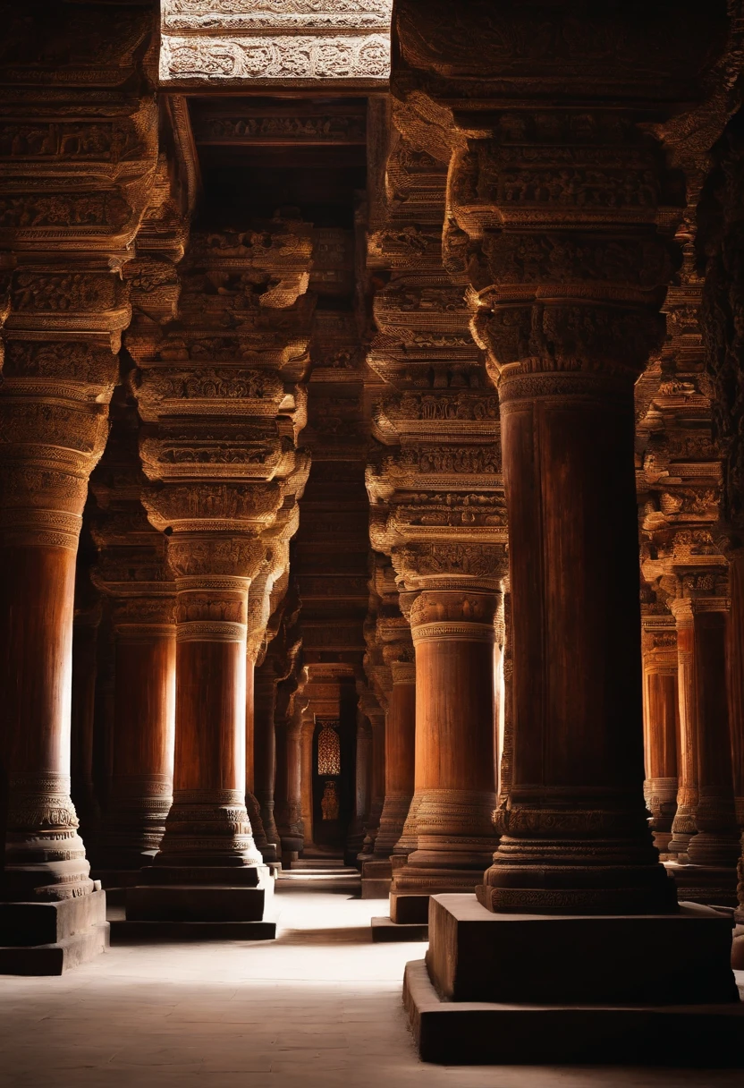 Oriental World Province,shadowy,The feeling of death,In the center of the tall hall sits an ancient King of the thailand,Dvaravati art ,thailand , wood architecture, Ajanta cave,slim ornate wood column, Clean white background,
