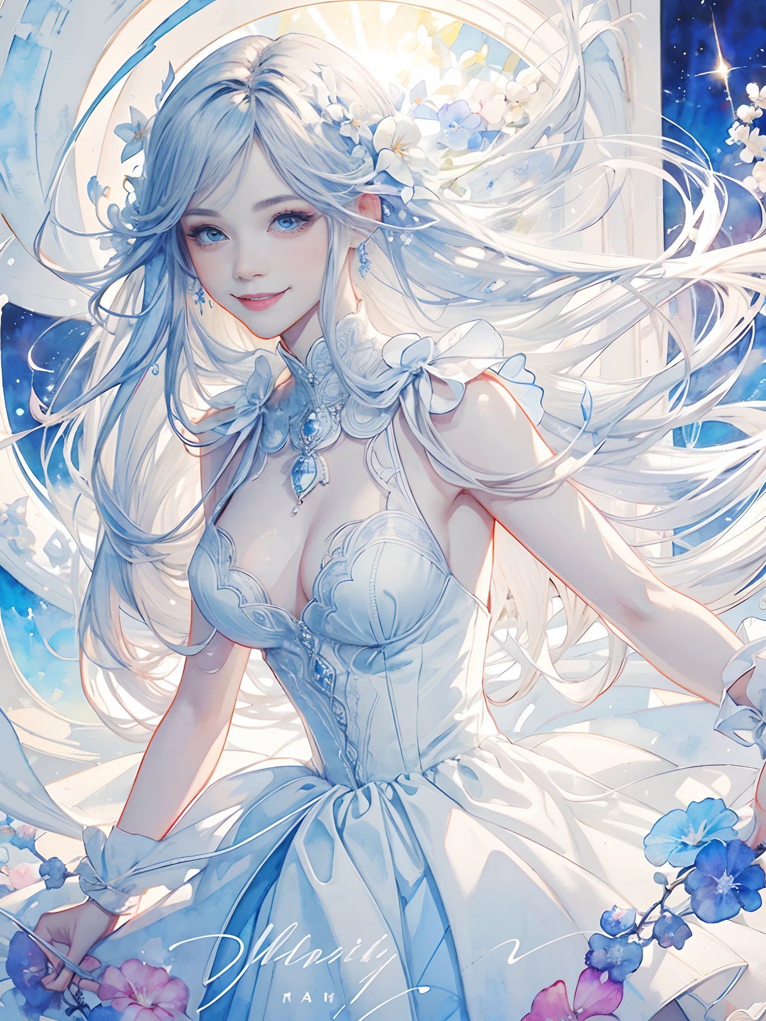 8K,​masterpiece,top-quality,Dynamic Pose,beautiful woman with long hair,Smile:1.6,White Dress, slim,,watercolor paiting \(Medium\)