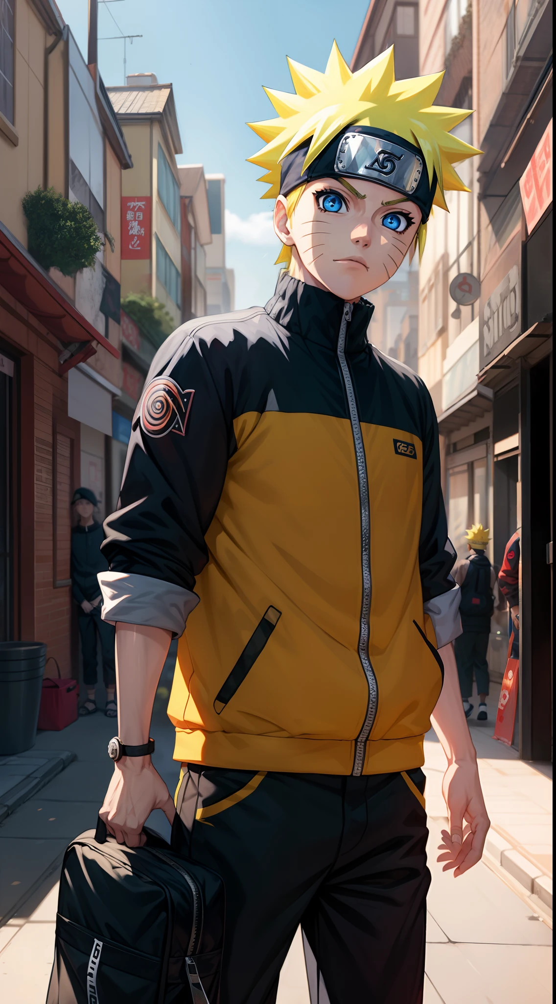 Masterpiece, Superb Style, streewear chothes, Outdoor, half Body, Uzumaki Naruto, blue eyes, short yellow hair,a boy