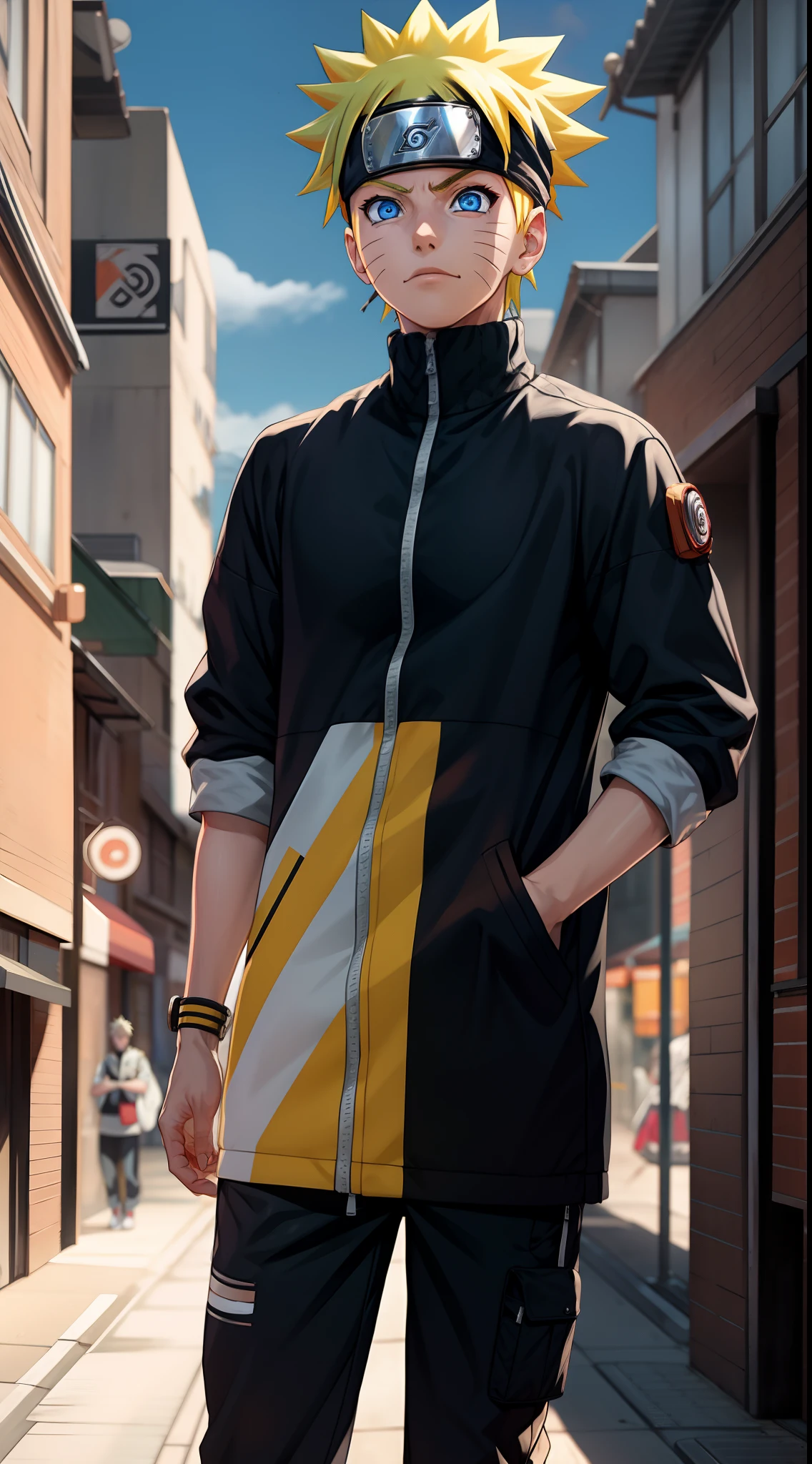 Masterpiece, Superb Style, streewear chothes, Outdoor, half Body, Uzumaki Naruto, blue eyes, short yellow hair,a boy