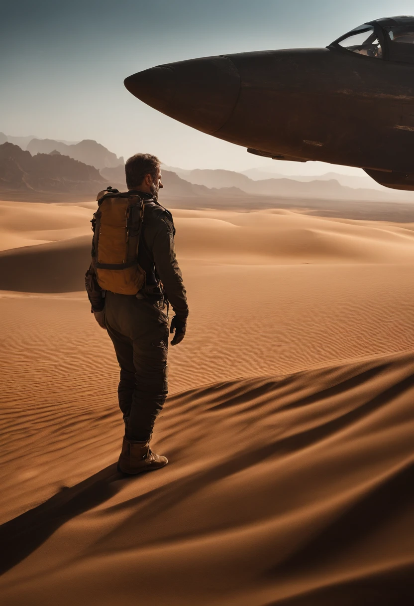 a man without oxygen on earth 8k real, struggling for breath in an arid desert landscape, the scorching sun casting harsh shadows and waves of heat creating a mirage in the distance. The barren terrain stretches endlessly, revealing a desolate planet devoid of life, as the man battles against the suffocating atmosphere. The stark realism captured by the high-resolution photography conveys the intense struggle and isolation faced by the oxygen-deprived man.