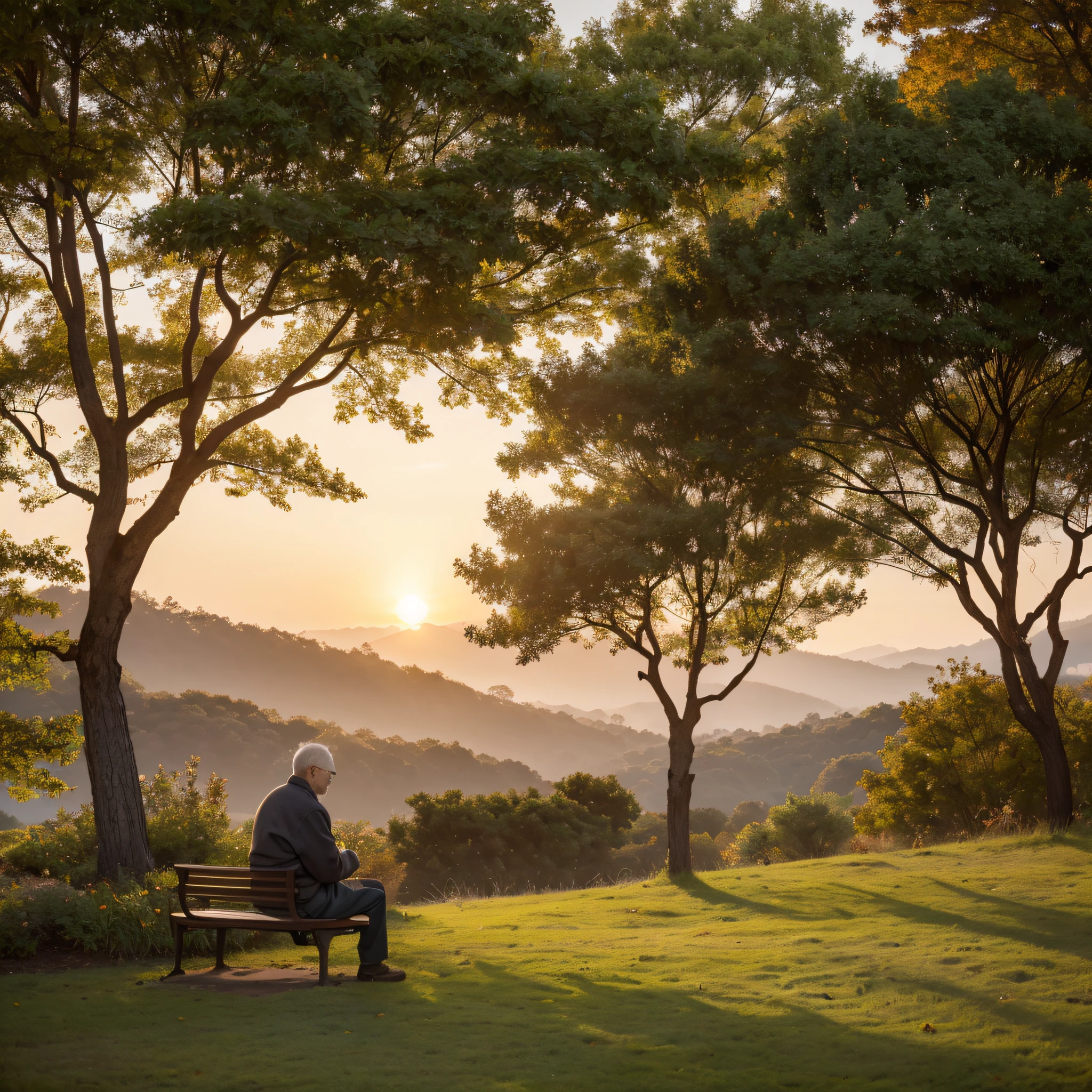 An old man sitting on a bench watching the sunset in the forest, accompanied by a string of wind chimes. (best quality,4k,8k,highres,masterpiece:1.2),ultra-detailed,(realistic,photorealistic,photo-realistic:1.37),illustration,serene atmosphere,natural lighting,calming colors,subtle shadows,crisp details,peaceful setting,gentle breeze,autumn foliage.