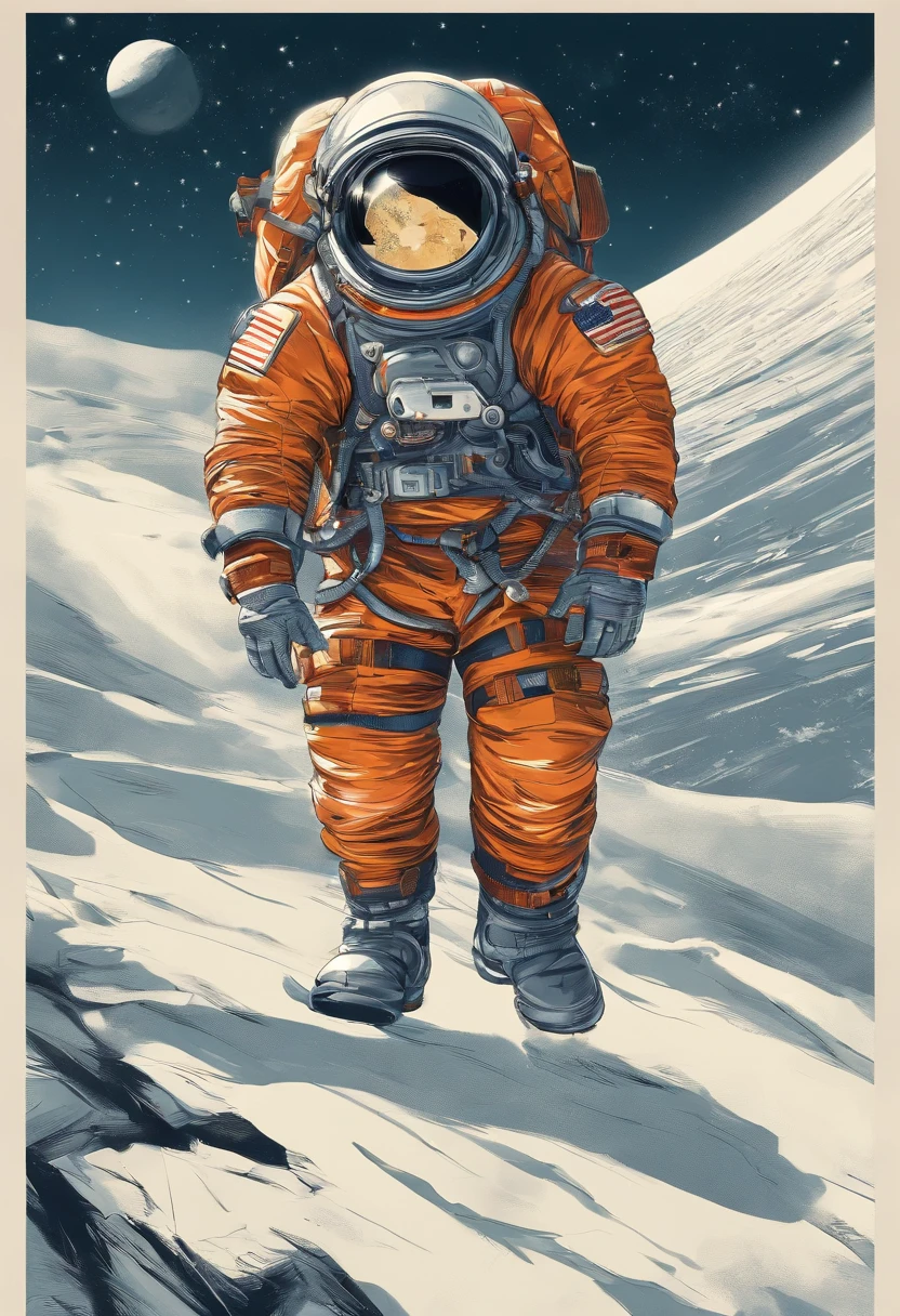 (Astronaut struggling to climb creative poster on snowy mountain), (struggling:1.37),(Climbing:1.1),(Background with:This is a planet), lonely astronaut, detailed astronaut, fully space suited, In space(on moon), key art, inspired by Yoshihiko Wada, Official poster, character poster, promotional poster art, promotional movie poster,