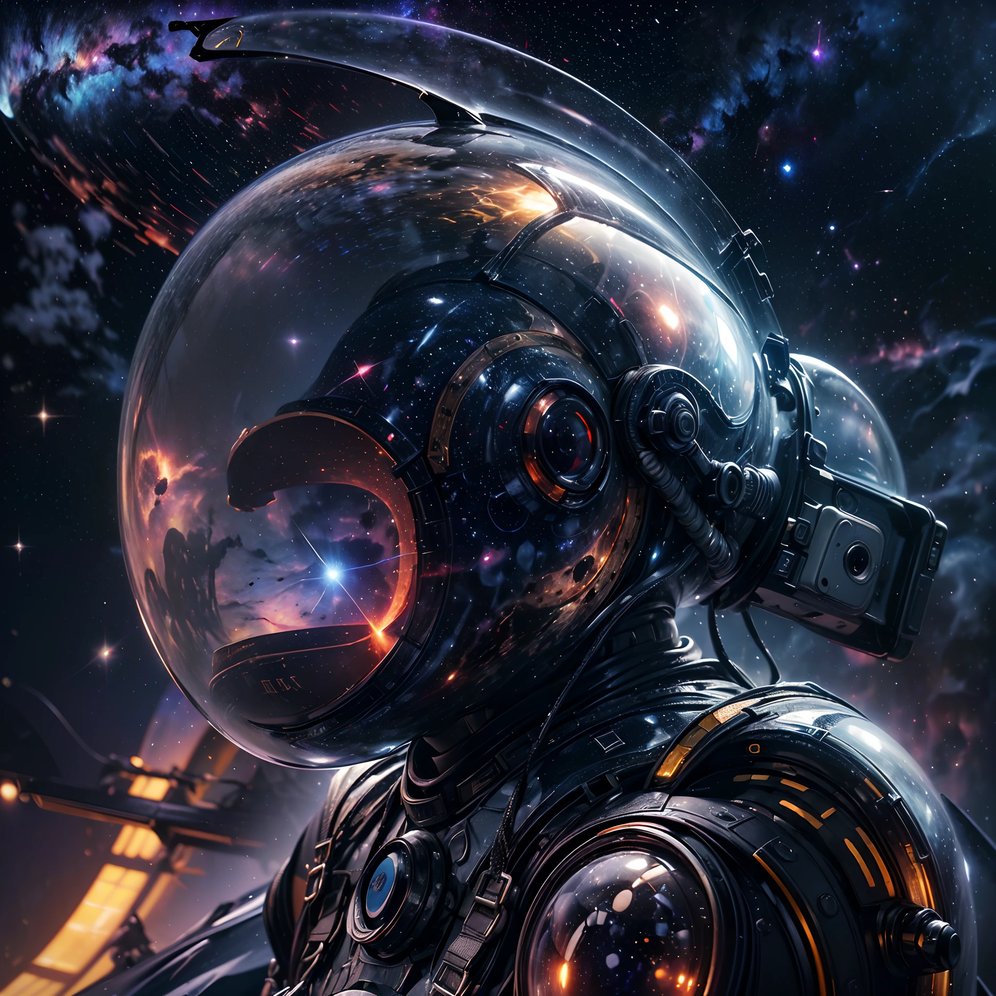 One-eyed,(Human female armor)Navy space suit aircraft ,Simple glass helmet,,(space backdrop,Flight attitude,Beckon to the camera:1.5), with clean lines,Compact,Slim overall,Conforms to the curve of a person,deep colour,There are biological ribs,There are glowing veins on the surface. A futuristic,Jet steam waves,Huge cosmic environment,