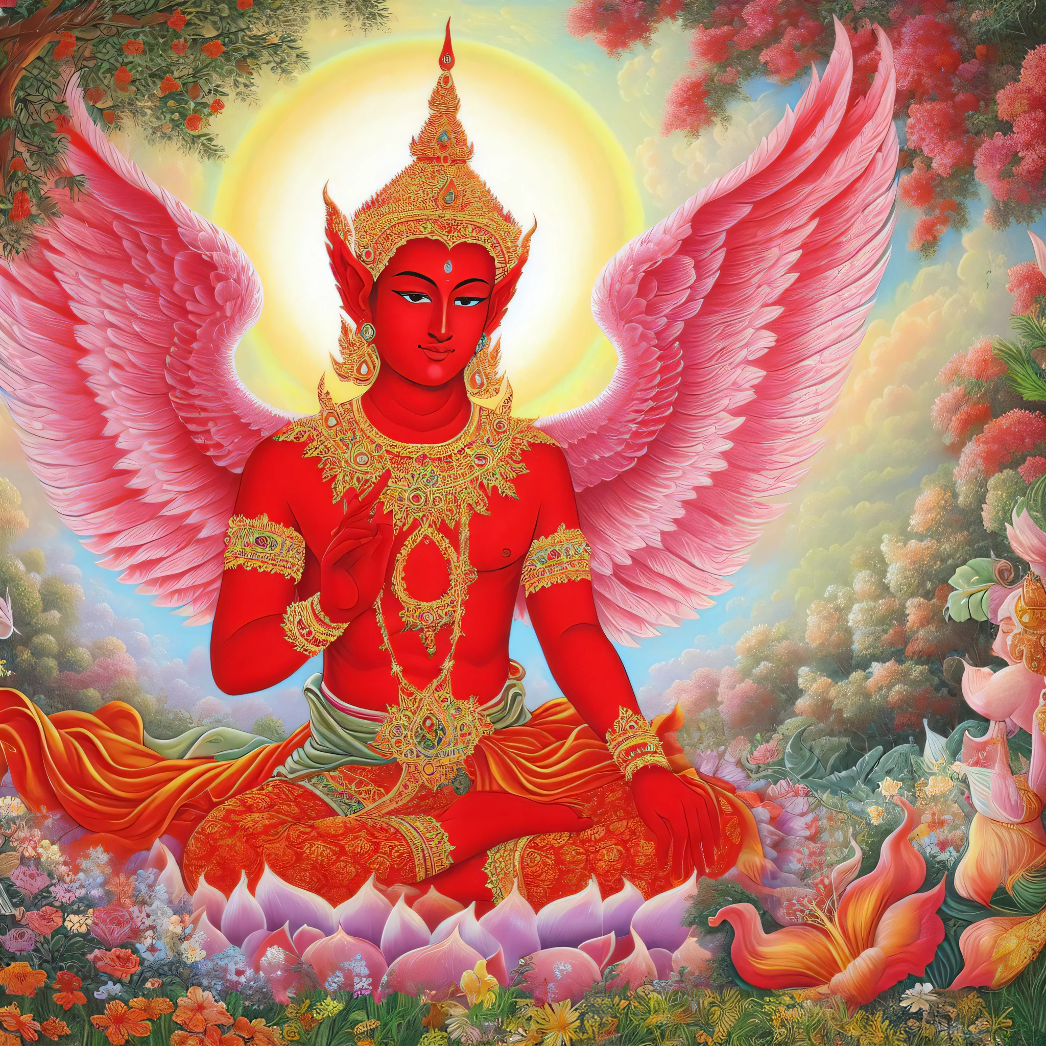 painting of a red god with wings and a halo, divine being, attractive male deity, devi wings, red aura, vishnu, emitting evil red aura, crimson red aura, divine god, puṣkaracūḍa, indian god, goddess of love and peace, angel doing yoga in temple, glowing angelic being, samsara