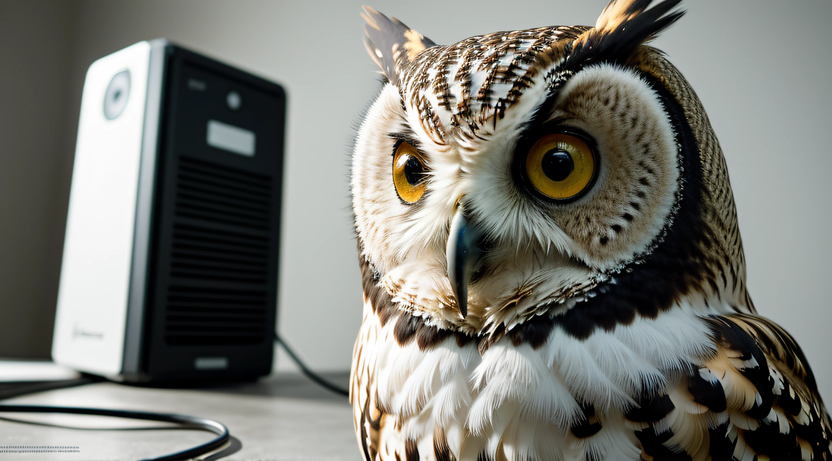 A computer wallpaper featuring an owl from the intelligence sector, Fotografia insanamente detalhada super detail, ccurate, best quality, UHD, masterpiece, ccurate, high quality, high details, Wallpapper , super detail, award winning, best quality, 16k, hiper detalhado, intrinsecamente detalhado, trending on ArtStation, terno de luxo branco, Volumetric lighting, BalenciagaStyle
