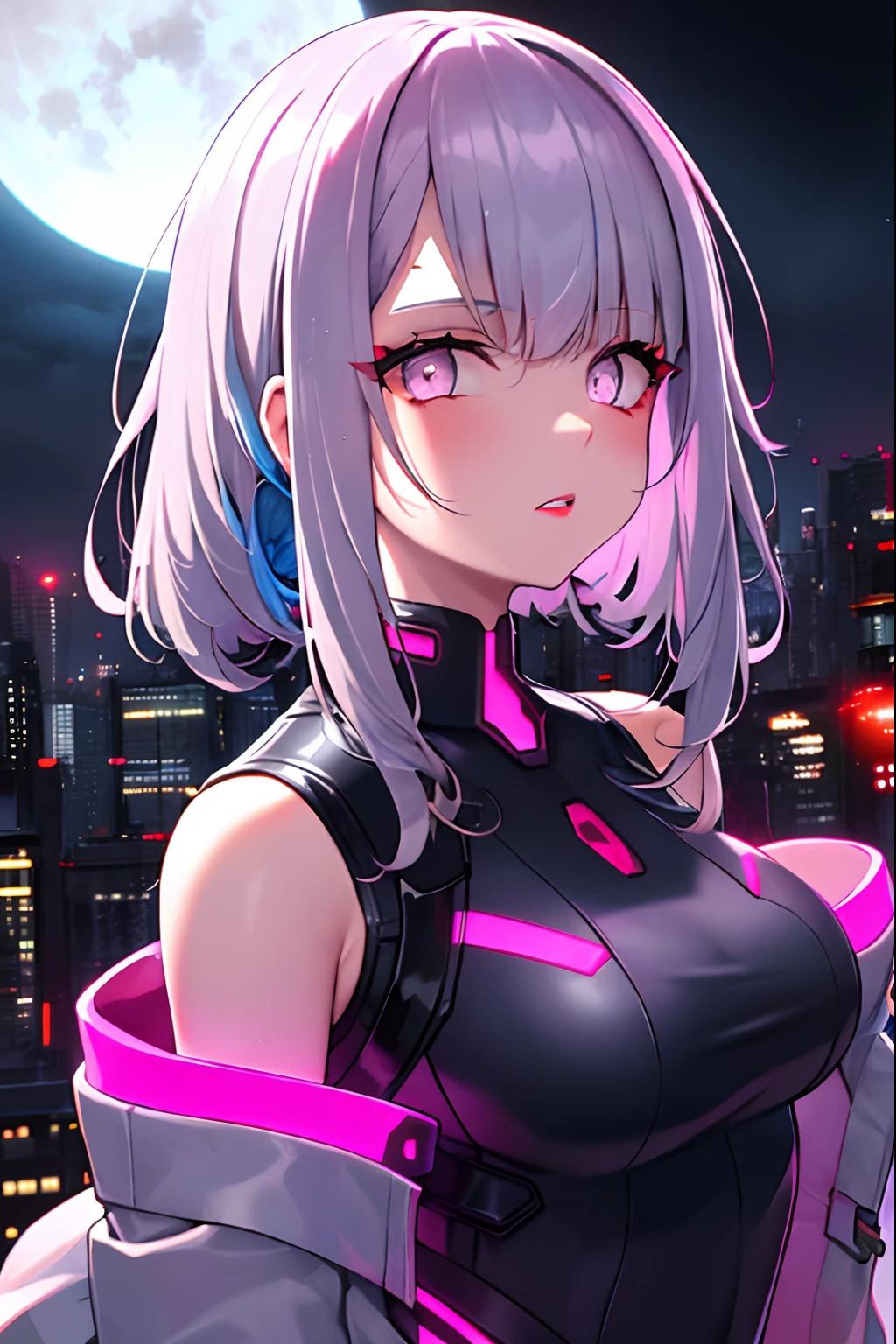 lucy \(cyberpunk\), 1girl, hair scrunchie, hime cut, silver hair, colored tips, full moon, grey eyes, jacket, long sleeves, looking at viewer, medium hair, multicolored hair, parted bangs, parted lips, pink hair, portrait, red eyeliner, red lips, solo, white jacket, cyberpunk \(series\), rainy night in a cyberpunk city with glowing neon lights