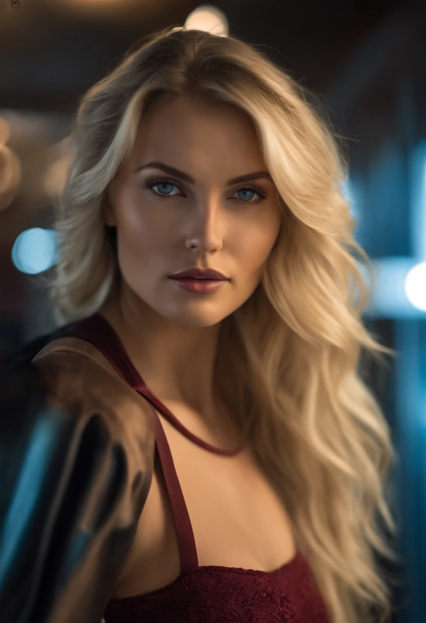 Gorgeous woman with long wavy blonde hair, Detaillierte, seductive blue eyes, Sexy lange Beine, Trage winzige Shorts und sexy Outfits, T-Shirt Crop Top Rouge, ((detailed facial features)), (fein detaillierte Haut), blasshäutig, Realistische Hautstruktur, Extreme Hautdetails, (poren:0.1), in the background beautiful futuristic cyberpunk city, best quality masterpiece, fotoreallistisch, hyperrealistisch, Detailliert, 8K, HDR, (Weiche Farbe: 1.2), light depth of field, Breites Licht, Hoher Kontrast, Hintergrundbeleuchtung, Blume, Leichtes Funkeln, chromatische Aberration, Scharfer Fokus, RAW-Farbfoto, without background blur