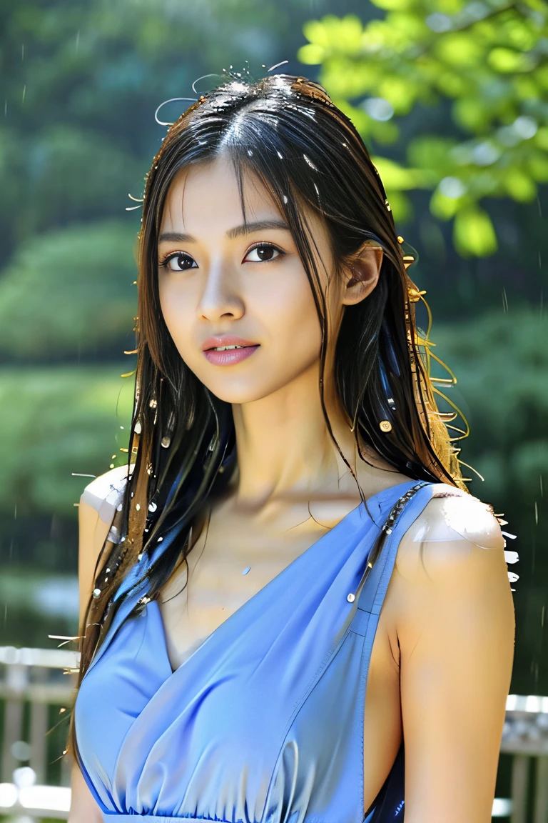 (((Draw only one woman: 2))), Beautiful 18 year old Japan woman, (Beautiful woman in thin fabric sleeveless dress: 1.5), ((Standing in a park where it is raining: 1.5)), ((1screen)), in 8K, RAW shot, (Angle from the side:1.2)、top quality photo, masutepiece, Nice realistic photos, ((Anatomically correct proportions: 1.5)), ((perfectly proportions)), Cute woman like an idol in Japan, Detailed face, Detailed eyes, Narrow Nose, Detailed hands and fingers, detailed arms , Detailed skin, Detailed legs, short torso, Slender body, (Beautiful long hair: 1.5), (Large breasts: 1.5), (Wet clothes:1.5)、(Wet hair:1.3)、(Dresses in bright colors:1.4)