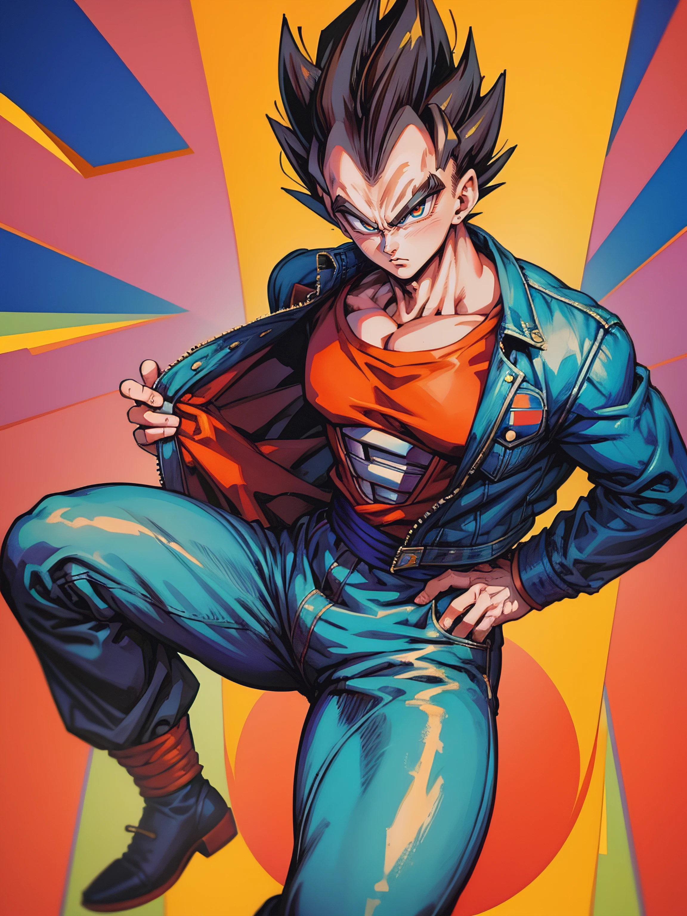 1man, solo, (masterpiece), best quality, ultra-detailed, Vegeta from Dragon Ball Z, Retro style, full body. fashion cloth, jean jacket, fancy.