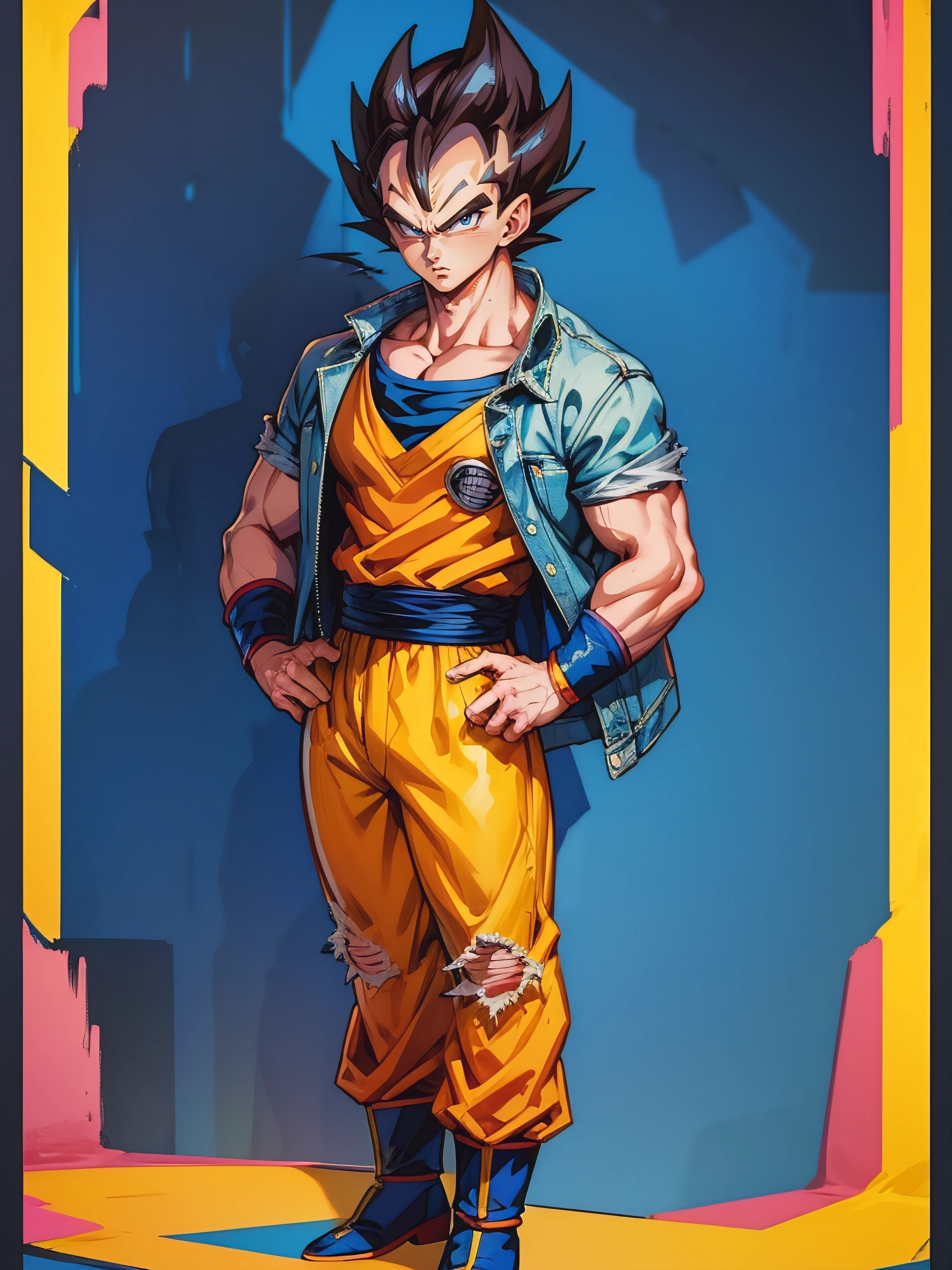 1man, solo, (masterpiece), best quality, ultra-detailed, Vegeta from Dragon Ball Z, Retro style, full body. fashion cloth, jean jacket, fancy.
