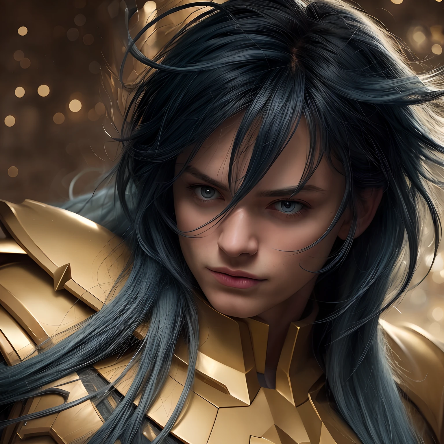 cinemactic, incrivelmente detalhado e ultrarrealista, Camus of Aquarrius Saint Seiya. Close up. He's wearing pretty realistic golden armor. Armadura dourada brilhante. ((Bright golden armor)). Armadura com brilho natural. Octane is the perfect tool to capture the softest details of this 16k photography masterpiece. He is a handsome white man about ((35 years)) old. 1 homen. ((French man)). beautiful face. Rosto detalhado. Nariz bonito. Nariz fino e alongado. (Olhos azuis muito grandes). Cold expression. olhos perfeitos. Cold expression. ((depilado)). Strong expression. He has long ((light petrol blue)) hair. messy hair with bangs. messy hair. Pelas de rosas flutuando em torno ele. Landscape starry sky.