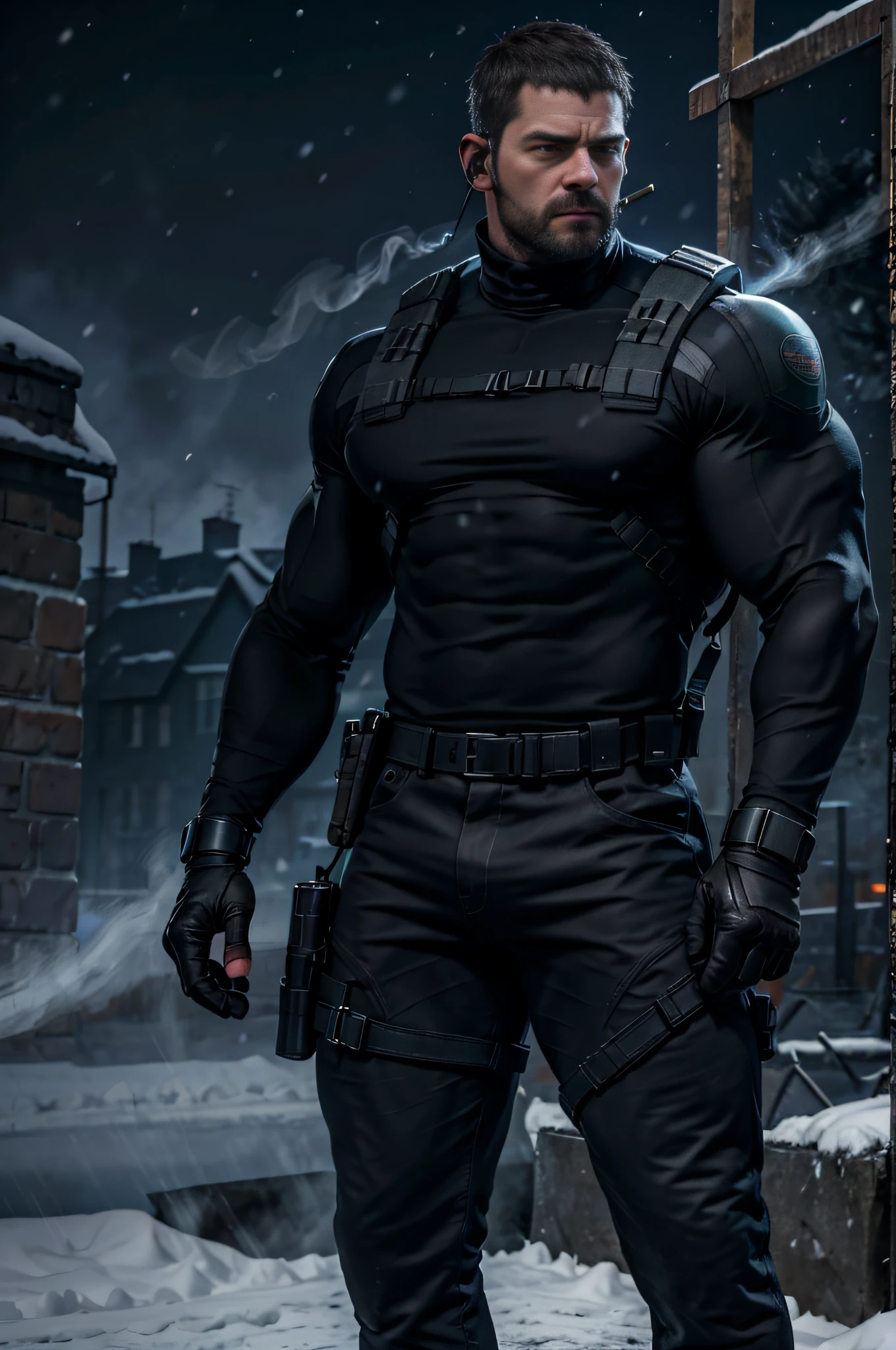 Dark gothic village in the background, old Chris Redfield from Resident Evil 8, 48 year old, muscular male, tall and hunk, biceps, abs, chest, all black cold turtleneck shirt, long sleeves, black trousers, shoulder holster, earpiece, belt, thick beard, cold face, cigarette in mouth, smoke, video games style, high resolution:1.2, best quality, masterpiece, dark nightime, dark atmosphere, winter, snowing, shadow, upper body shot