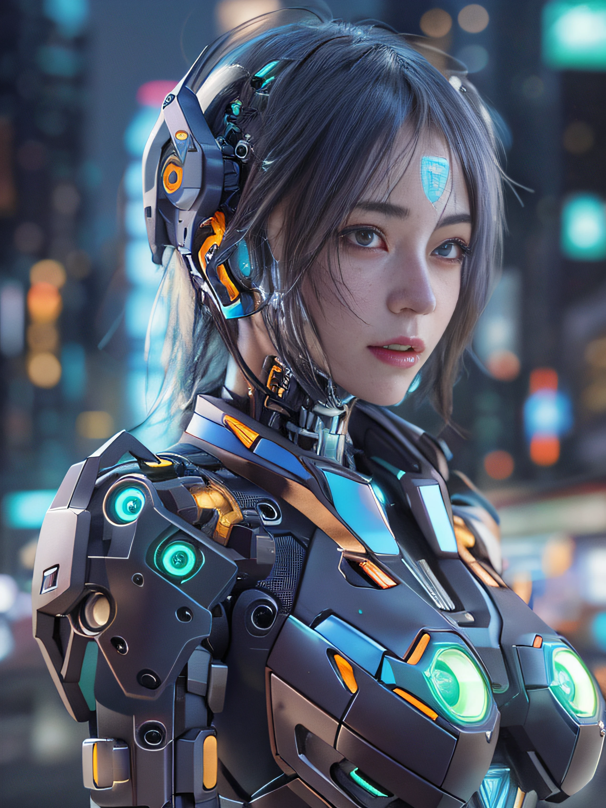 Glowing cyber girl with cybernetic arm,(See-through costume:1.3, )Stand on the post-apocalyptic battlefield.Surrounded by a network of wires. surrounded by circuits. (Cyber girl with a submachine gun:1.3), Shiny light brown and orange striped short hair,Cute Smile,Perfect round face,A bright smile that makes everyone happy,Proper body balance,Tabletop,Ultra-high quality output images,High resolution,Intricate details,Very delicate and beautiful hair,Photorealistic,dream-like,Professional Lighting,Realistic Shadows,Focus Only,Beautiful Hands,Beautiful fingers,Detailed characteristics of the fingers,Detailed garment features,Detailed hair features,Detailed facial features,