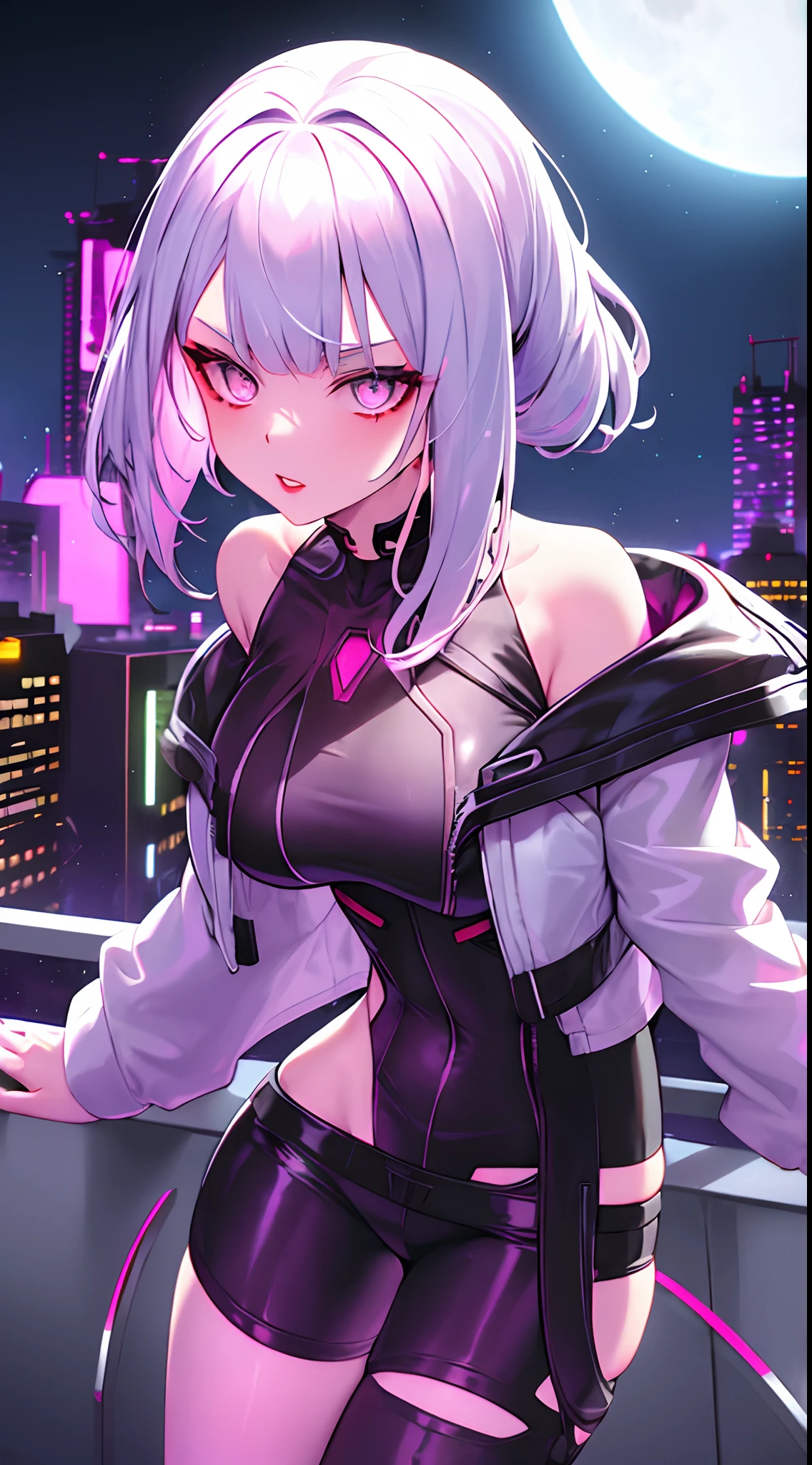 lucy \(cyberpunk\), 1girl, hair scrunchie, hime cut, silver hair, colored tips, full moon, grey eyes, jacket, long sleeves, looking at viewer, medium hair, multicolored hair, parted bangs, parted lips, pink hair, portrait, red eyeliner, red lips, solo, white jacket, cyberpunk \(series\), rainy night in a cyberpunk city with glowing neon lights