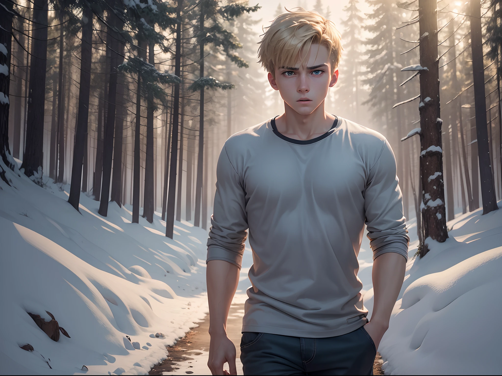 Realistic, 8k image of a 15-year-old young man, blond, strong, short hair combed back, blue eyes, square chin, dressed in a casual gray shirt, scared expression, in a clearing in a snow-covered forest, art style anime