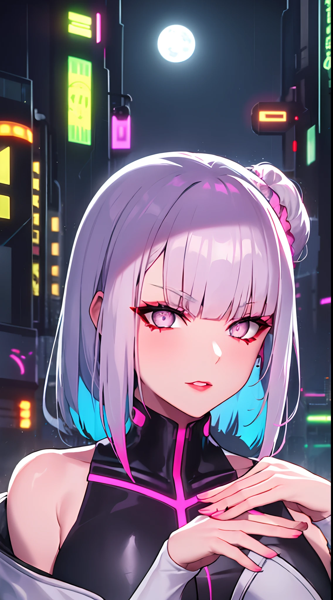 lucy \(cyberpunk\), 1girl, hair scrunchie, hime cut, silver hair, colored tips, full moon, grey eyes, jacket, long sleeves, looking at viewer, medium hair, multicolored hair, parted bangs, parted lips, pink hair, portrait, red eyeliner, red lips, solo, white jacket, cyberpunk \(series\), rainy night in a cyberpunk city with glowing neon lights