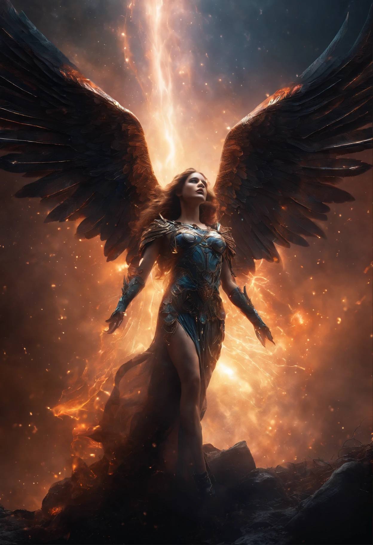 The Fallen Angel of the Universe, Radiant light eyes, biomechanical, eerie, creepy, nightmare, Very bright colors, light particles, As the light shines, Mschiff, Wallpaper Art, UHD Wallpapers, Fierce war.