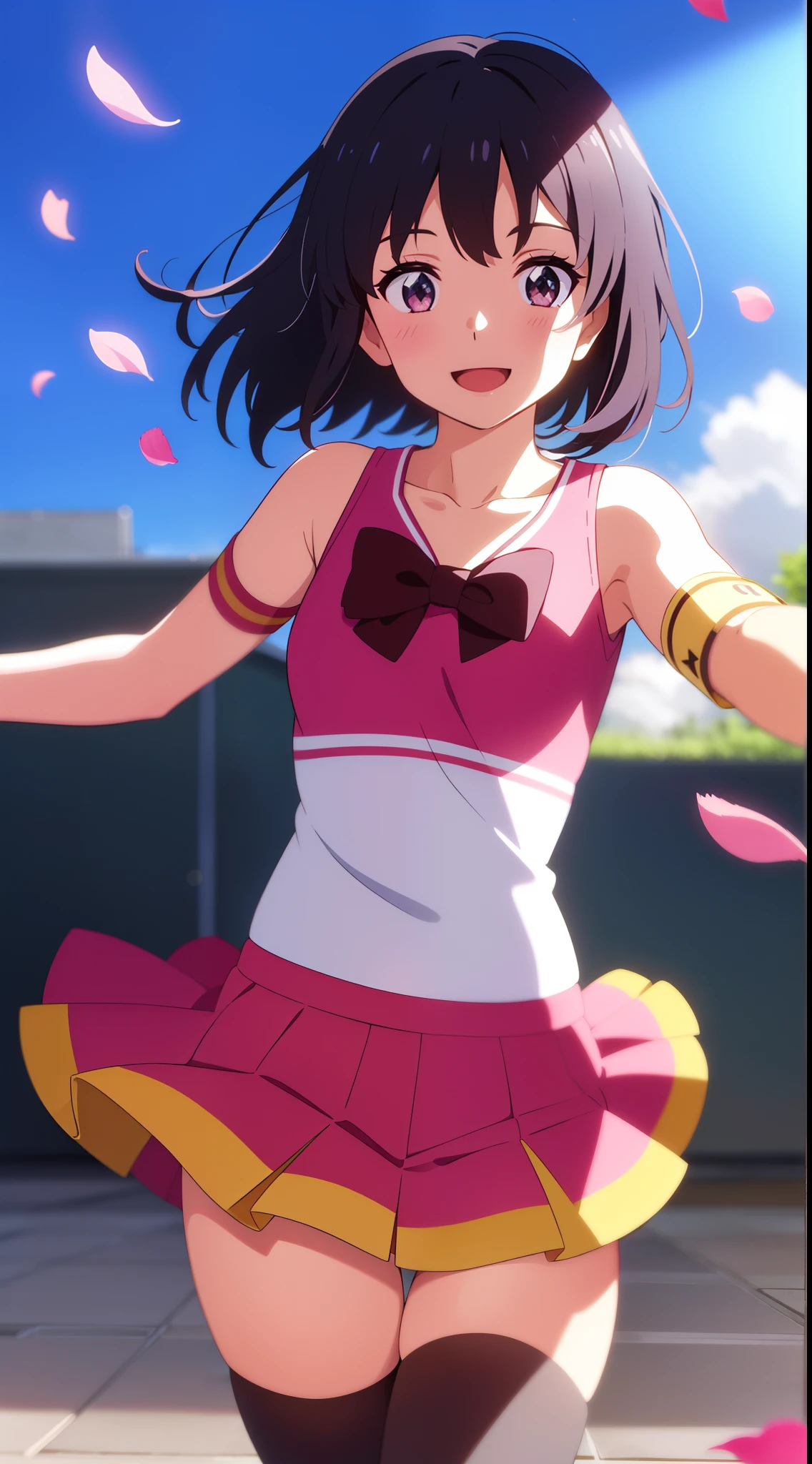 shinkai makoto, kimi no na wa., 1girl, bangs, black hair, blush, brown eyes, idol, idol clothes, ribbon, pink dress, black hair, red bow, red headband, red ribbon, short hair, smile, cute, solo, open mouth, breasts, medium breasts, singing, concert, stage, outdoors, dynamic pose, bare shoulders, thighhighs, light_particles, lens_flare, reaching_out, sky, blue sky, cloud, balloon, :D, looking at viewer, holding microphone, standing