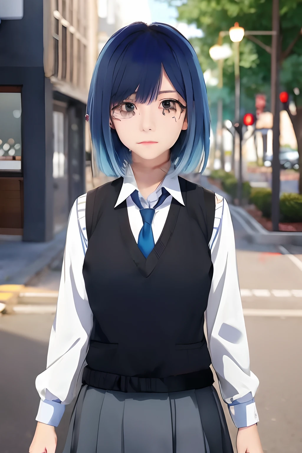 anime girl with blue hair and black vest and tie standing on street, anime visual of a cute girl, anime moe artstyle, akane, smooth anime cg art, short blue haired woman, as an anime character, young anime girl, an anime girl, beautiful anime high school girl, in an anime style, portrait of an anime girl, stylized anime, rei hiroe