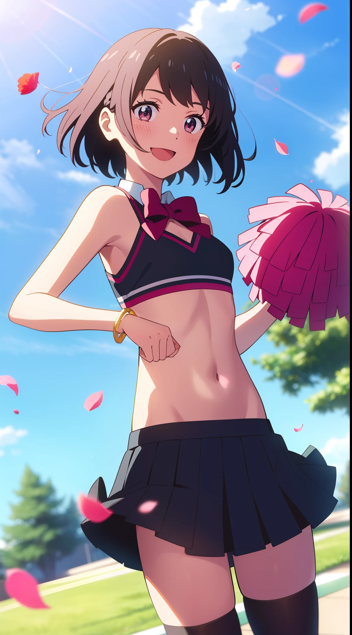 modelshoot style, masterpiece, absurdres, best quality, perfect anatomy, shinkai makoto, kimi no na wa., 1girl, bangs, (two-tone hair, pink hair, black hair), brown eyes, blush, solo, idol, short hair, white hair flower, ribbon, bow, standing on one leg, armlet, bracelet, arm ribbon, thighhighs, outstretched arm, petals, red headband, floating hair, dynamic pose, cinematic angle, cowboy shot, light particles, sparkle, beautiful detailed eyes, shiny skin, shiny hair, sunbeam, wide shot, depth of field, backlighting, day, beautiful clouds, gradient sky, dappled sunlight, contrail, outdoors, reflective floor, park, flowery meadow, wind, cute, smile, open mouth, :D, cheerleader, pom pom \(cheerleading\), collarbone, holding pom poms, layered skirt, pleated skirt, short sleeves, outdoors, school
