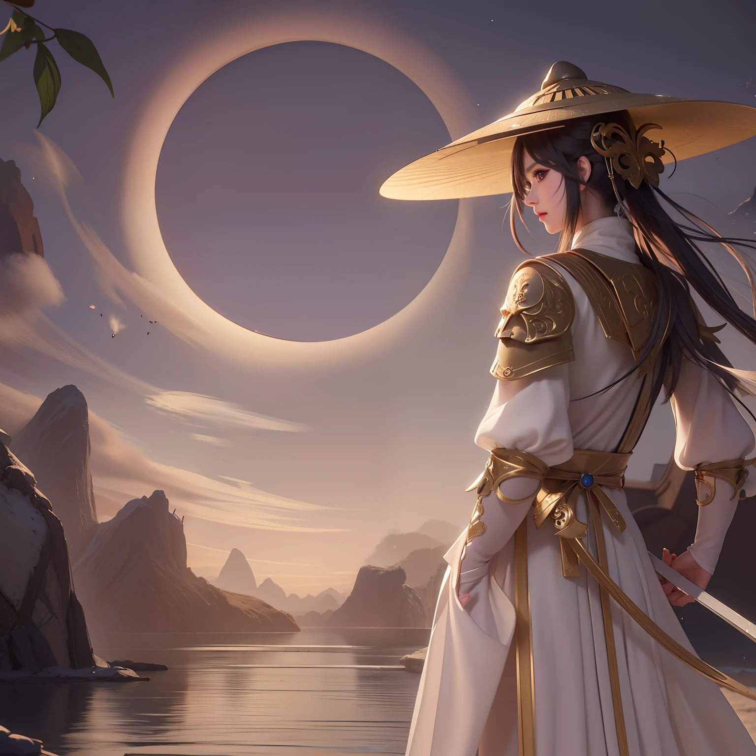 The prompt for Stable Diffusion is: "A high-cold girl wearing a hat and a dress standing in close-up in front of a full moon, showing her arms, thin waist, strapless 4K anime wallpaper, anime wallpaper 4K, 2.5 D CGI fantasy artwork, full-body martial arts, martial arts, 4K comic wallpaper, authentic, stunning wallpaper, anime art wallpaper 4k (best quality, 4k, 8k, high-res, masterpiece: 1.2), ultra-detailed, (realistic, photorealistic, photo-realistic: 1.37), HDR, UHD, studio lighting, ultra-fine painting, sharp focus, physically-based rendering, extreme detail description, professional, vivid colors, bokeh, portraits, color tone, lighting."
