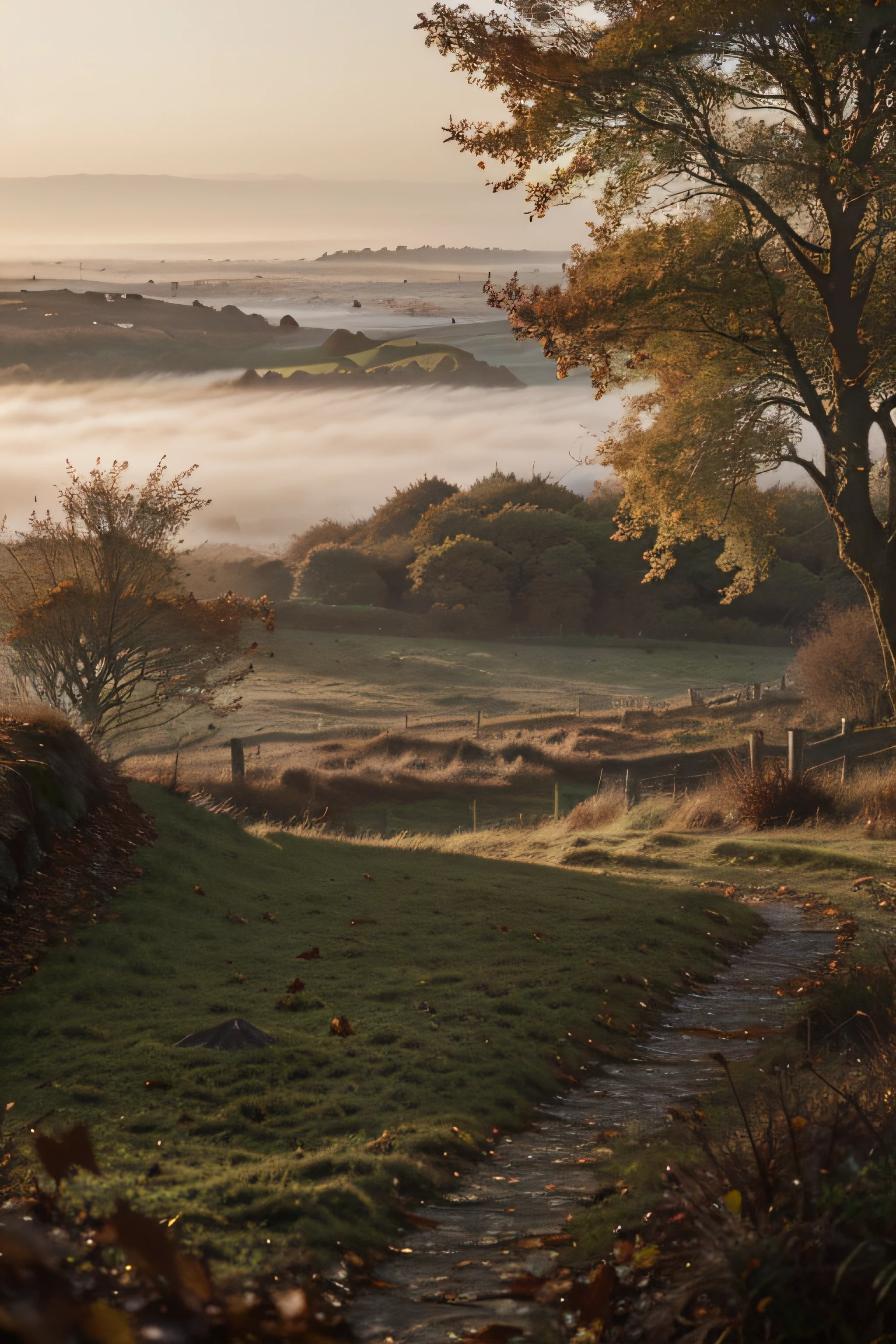 "(best quality, photorealistic: 1.2), detailed photo of Irish landscape, autumnal image, fog, dry leaves, nature, depth of field, cinematic effect, warm light, ."