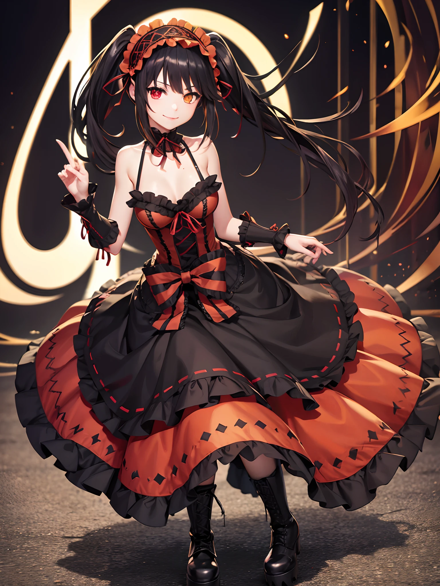 1girl, bare shoulders, black hair, boots, breasts, clock eyes, cross-laced footwear, detached sleeves, dress, finger to mouth, frilled dress, frills, full body, gothic ta, hairband, heterochromia, index finger raised, knee boots, lace-up boots, loliashion, lolita hand, long hair, looking at viewer, platform boots, red dress, red eyes, smile, solo, symbol-shaped pupils, tokisaki kurumi, twintails, uneven twintails, yellow eyes, daggers in their hands