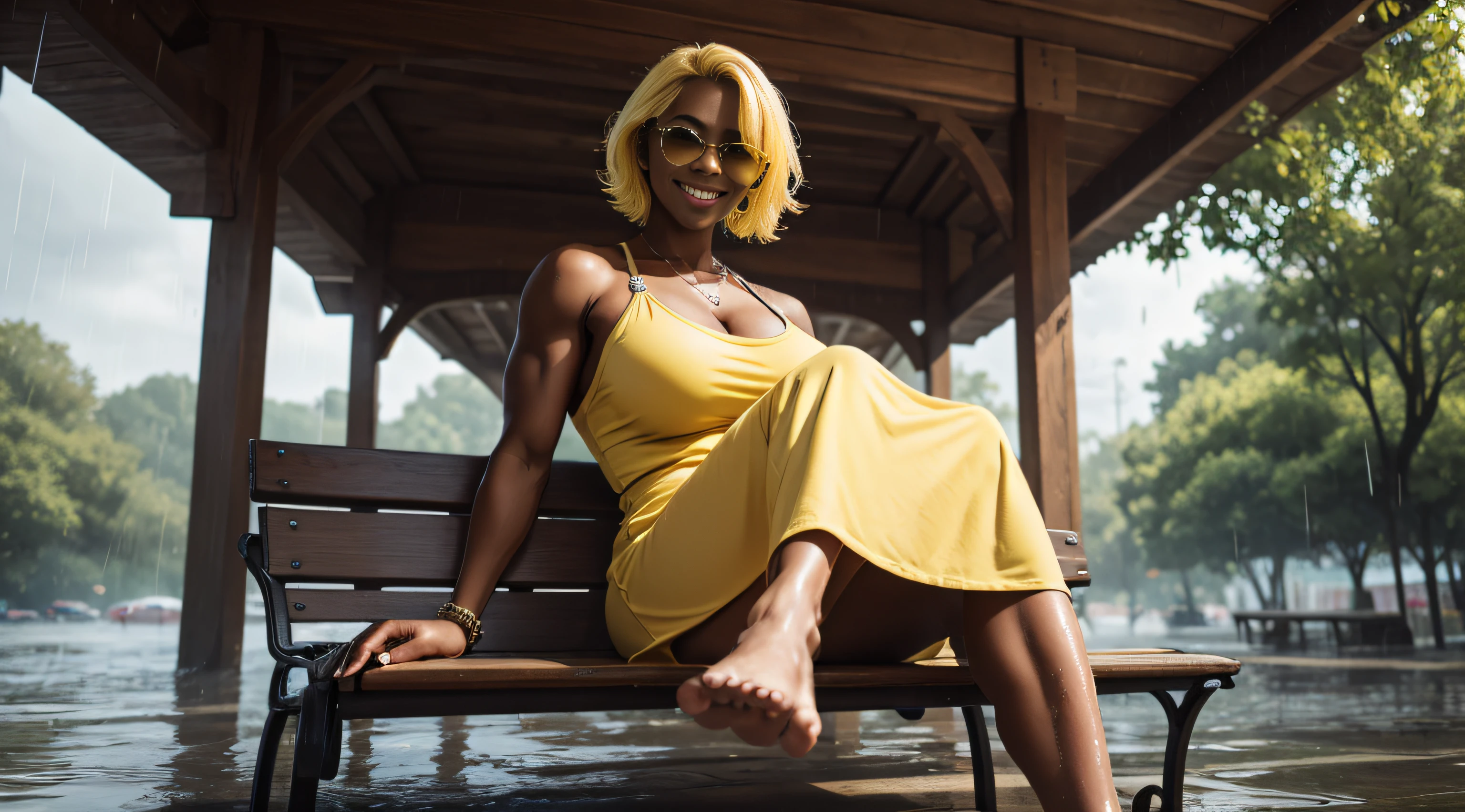 very huge breasts, dark skin, yellow hair, short hair, Happy smile, realistic and detailed hands, realistic and detailed face, realistic and detailed tooth, realistic and detailed foots, realistic and detailed face, full body image, aviator sunglasses, park, sitting on bench, yellow short dress, very muscle, heavy rain, skin and clothes wet.