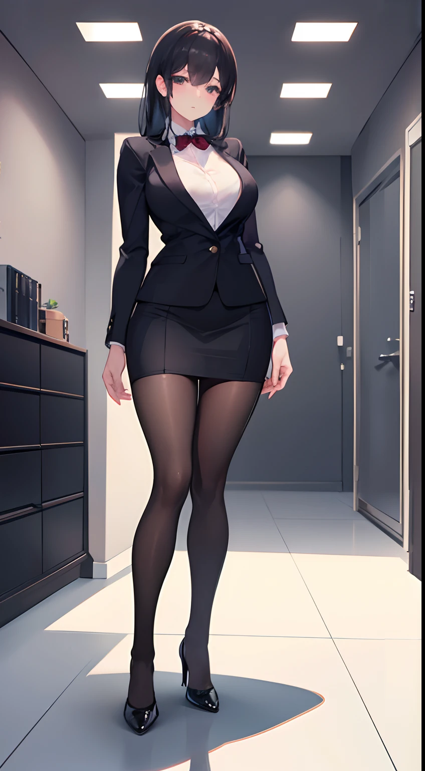 full body photo of a beautiful sexy secretary wearing extremely short skirt and seamed stockings, (stands_straight), ((solo)), adult, at_the_office, high heels, craves sex, petting_herself