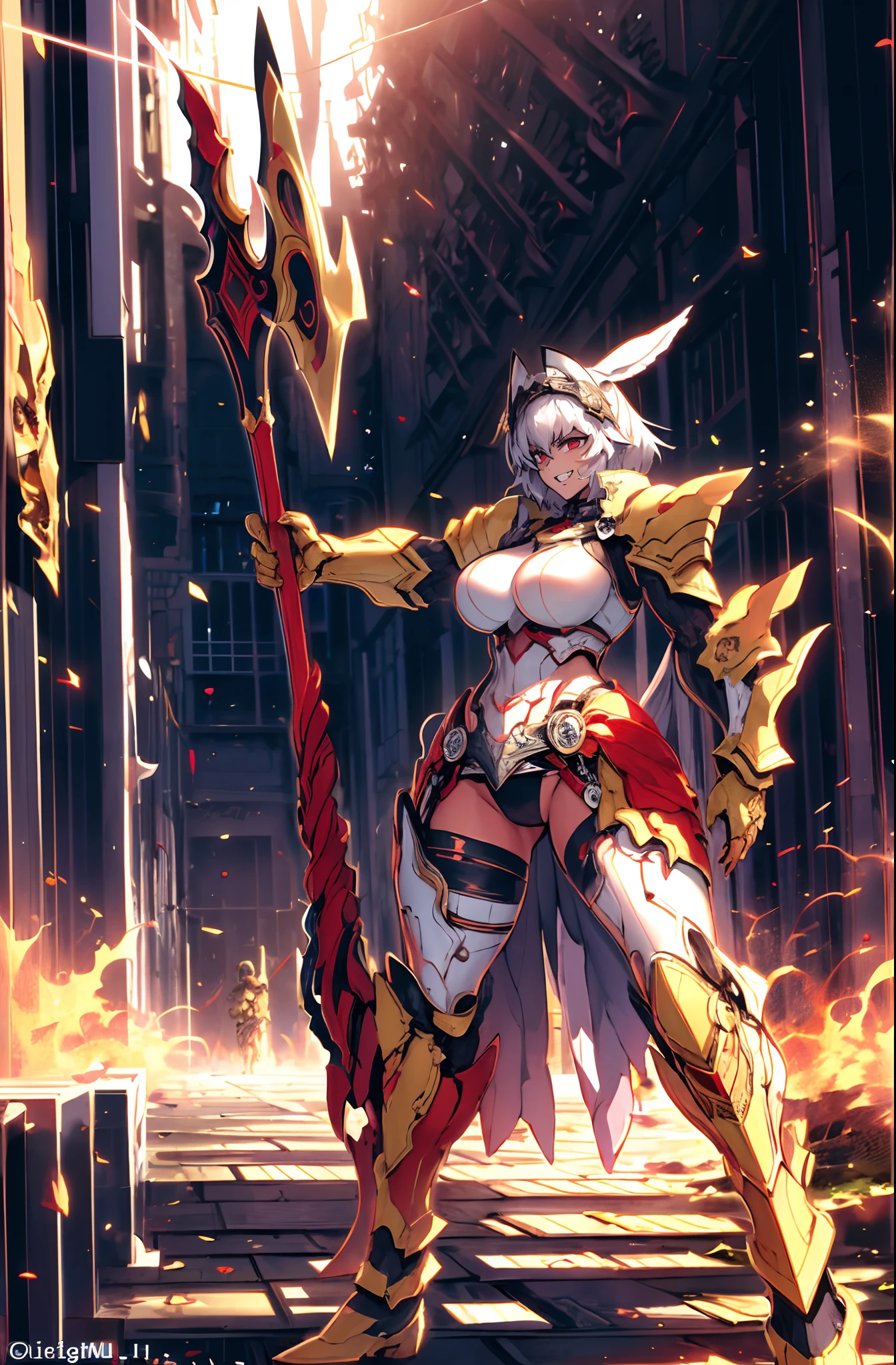 4k, highly detailed, anime style, HDR, subsurface scattering, in a temple, temple being destroyed, Greek temple on fire background, (masterpiece, best quality:1.2), caenis,( fgo stage 3), 1girl, big breasts, looking at fires, smile, short hair, white hair, bangs, red eyes, animal ears, open clothes, hairband, grin, (gold armor), body markings, white nails, epic scene, tall girl,full body, darskinned-female, , standing, musclegirl, forest, staff holding, posing